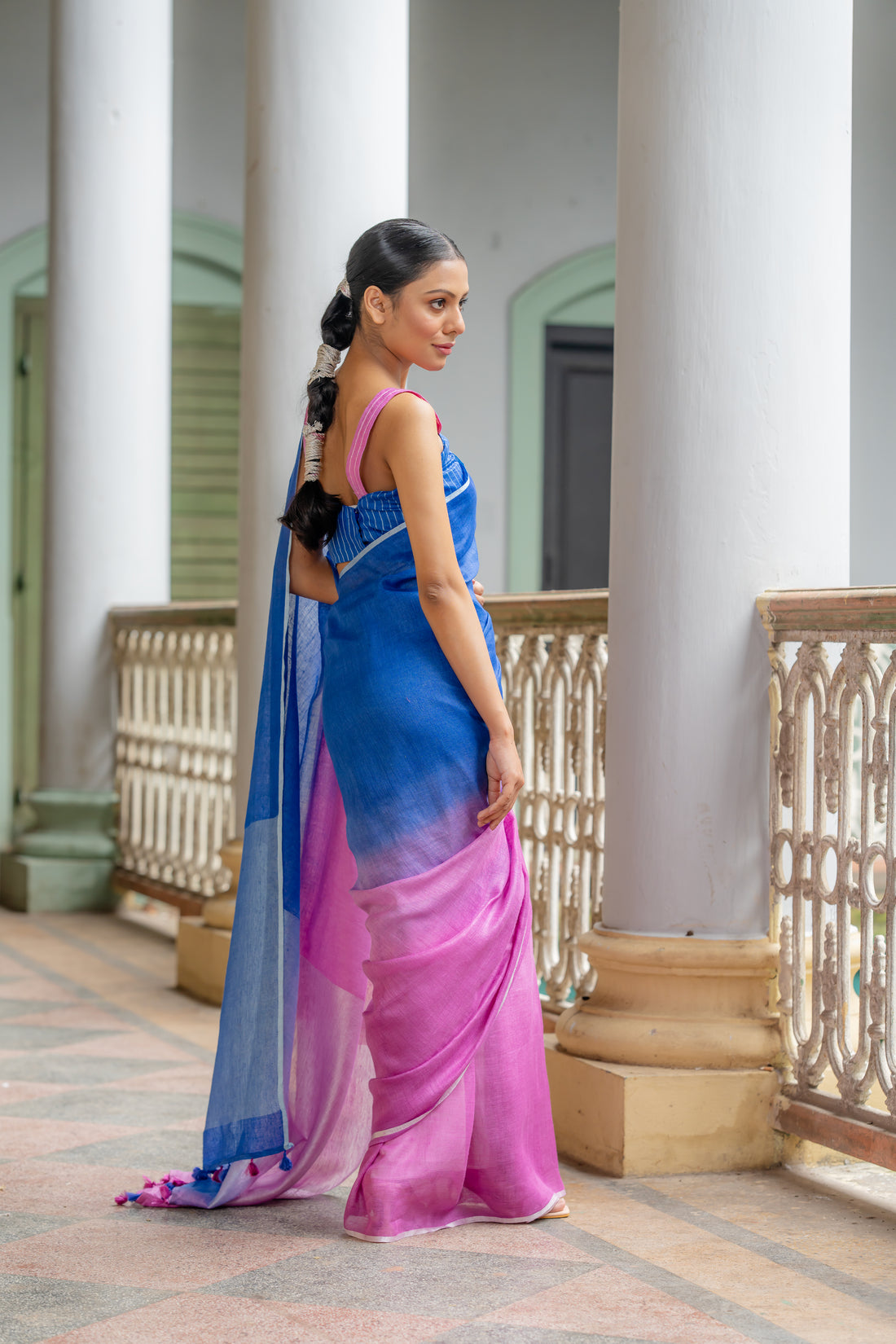 Urvashi Ombre Blue Purple Linen Sari