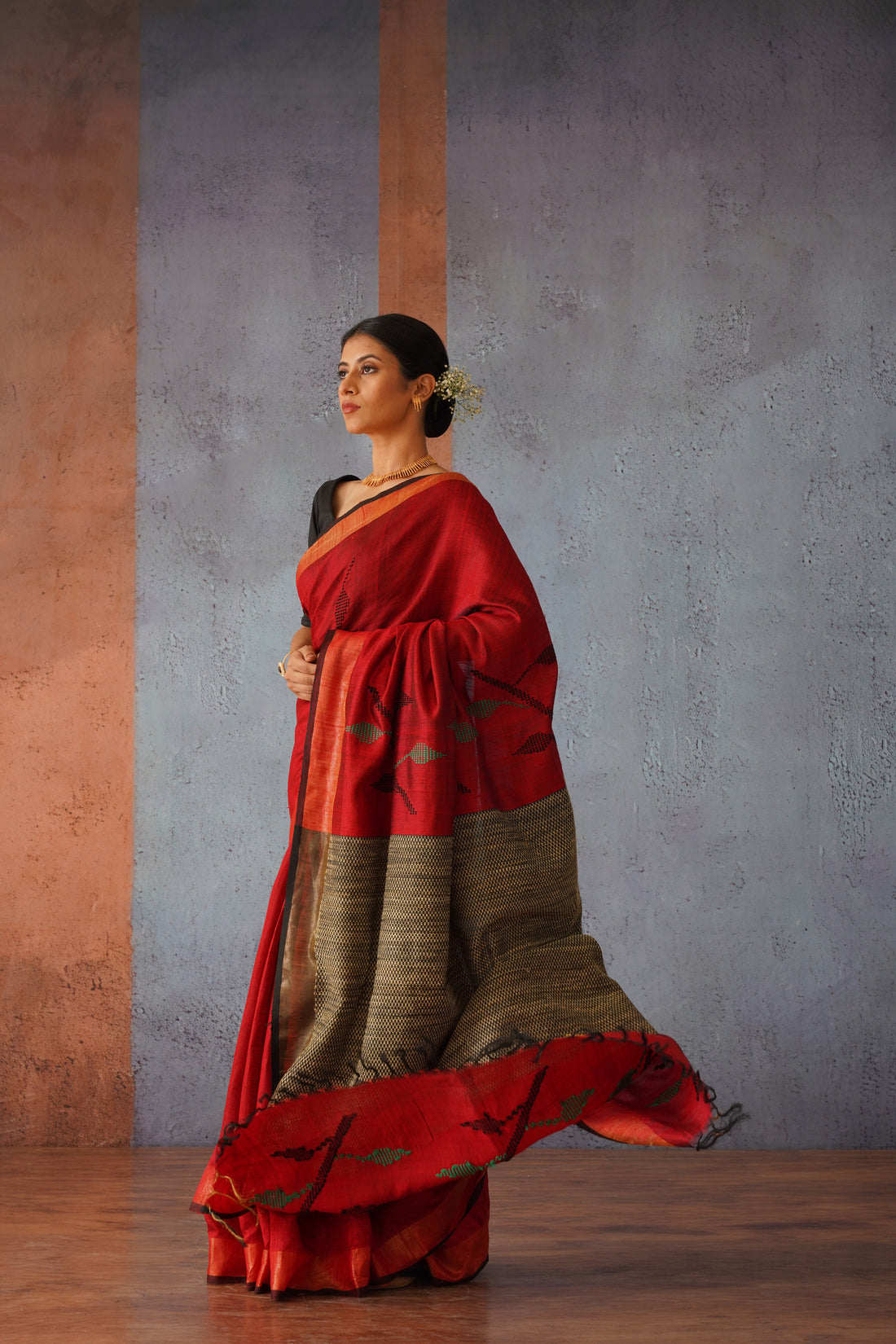 Raw Silk Maroon & Black Handwoven Sari