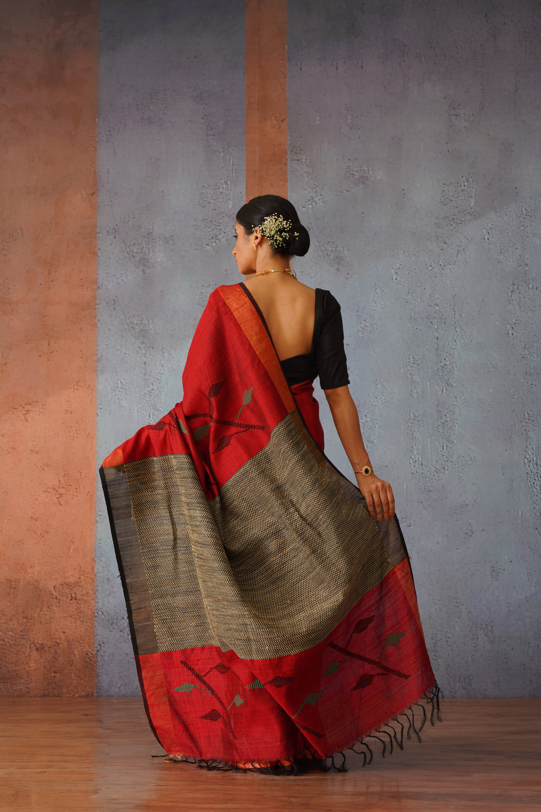 Raw Silk Maroon & Black Handwoven Sari