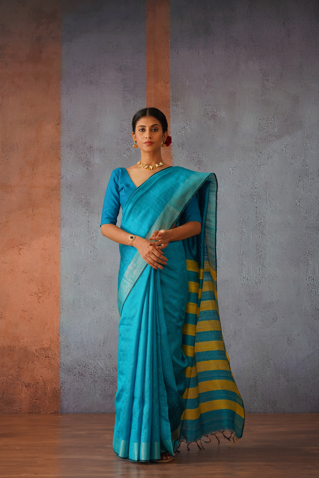 Raw Silk Sky Blue Sari with Yellow Stripes