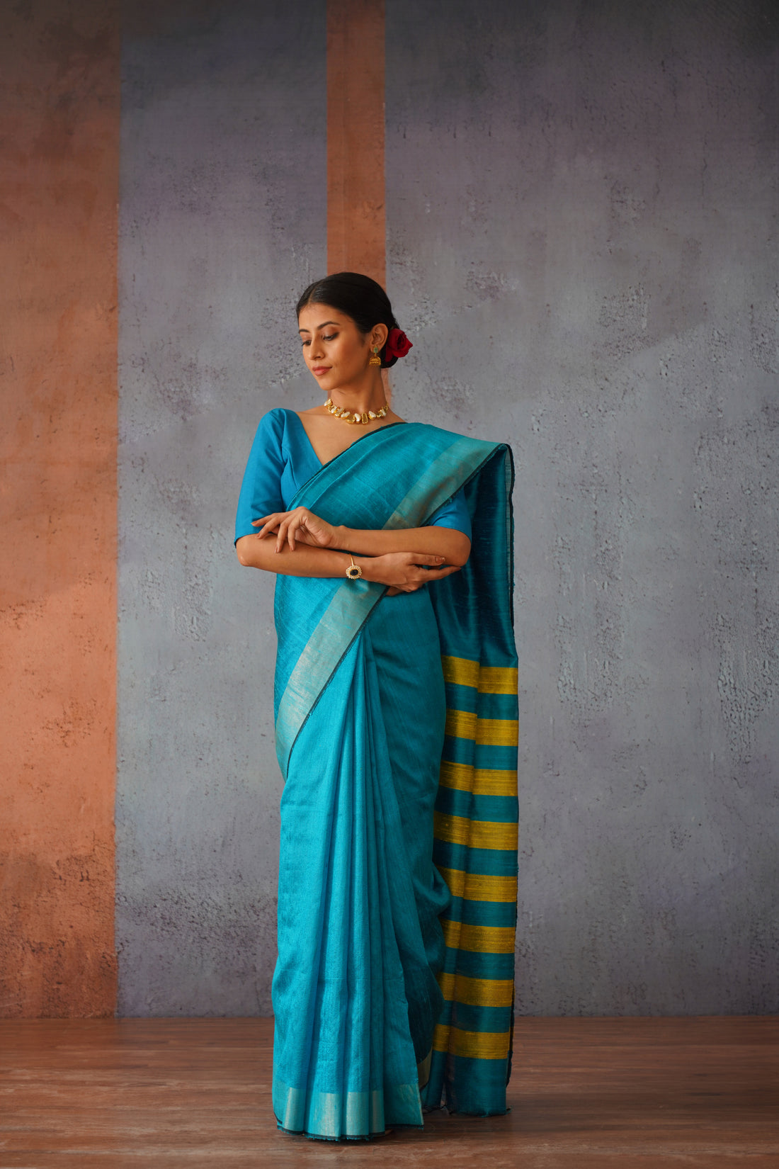 Raw Silk Sky Blue Sari with Yellow Stripes