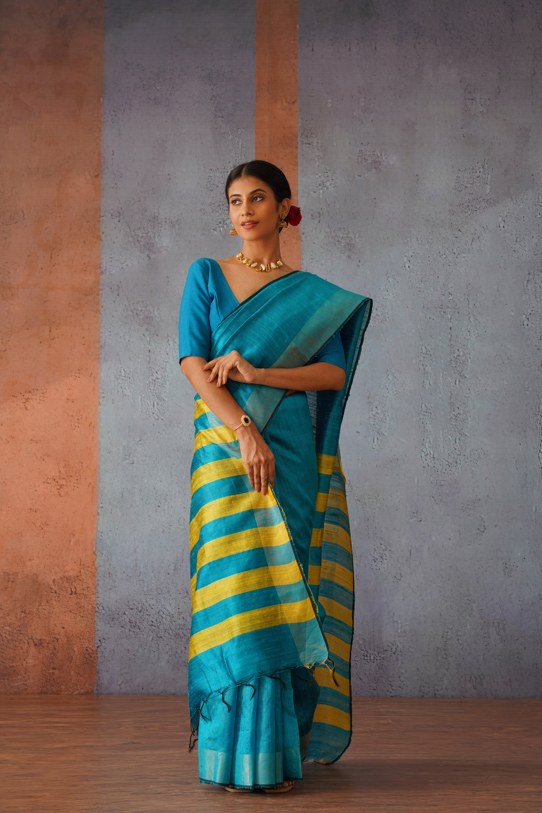 Raw Silk Sky Blue Sari with Yellow Stripes