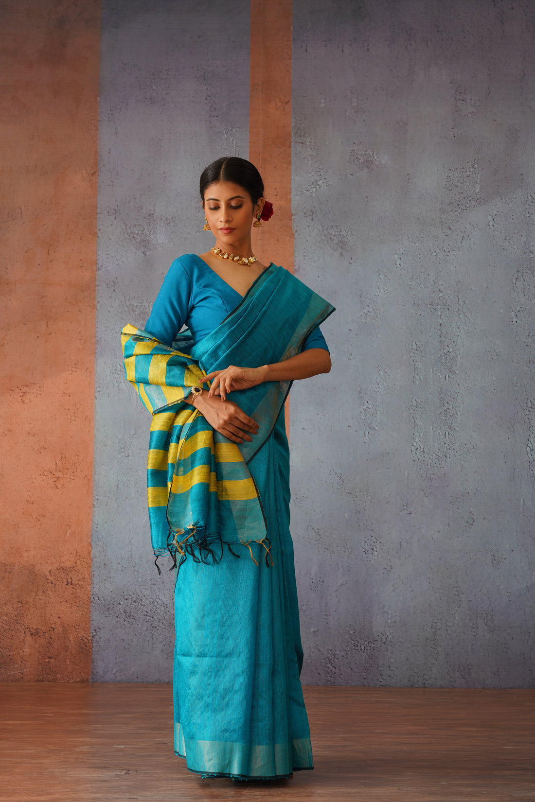 Raw Silk Sky Blue Sari with Yellow Stripes