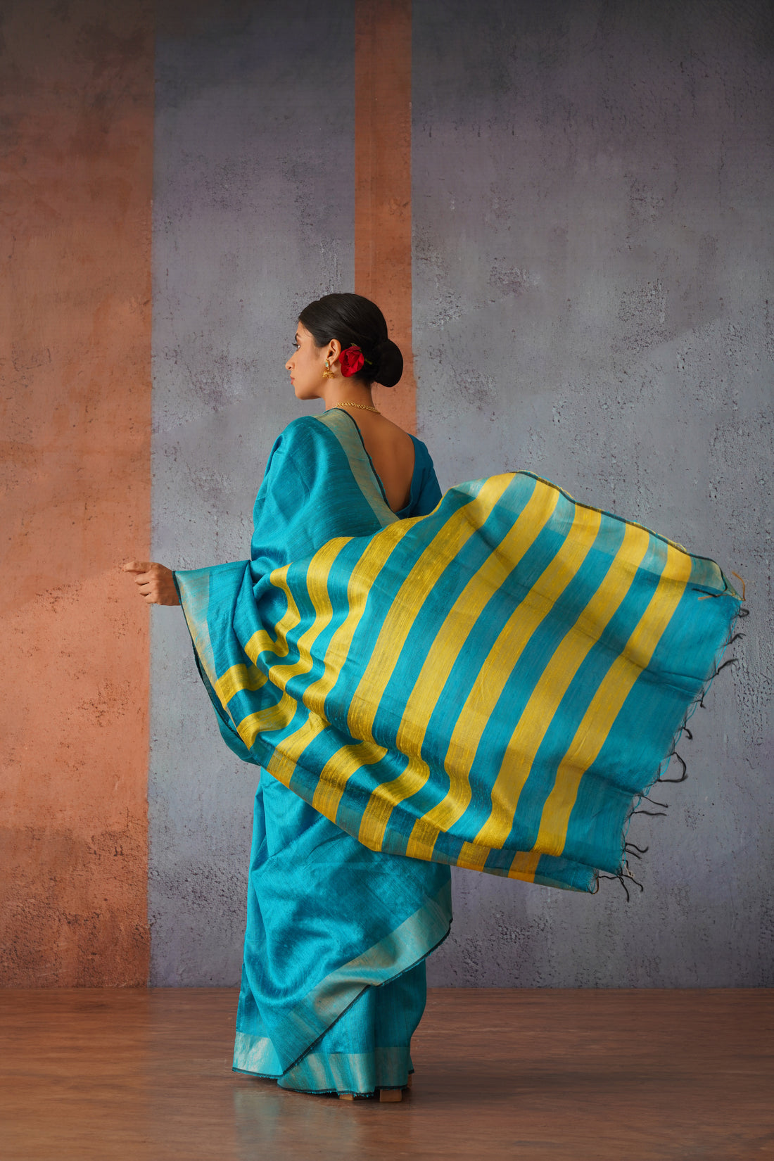 Raw Silk Sky Blue Sari with Yellow Stripes