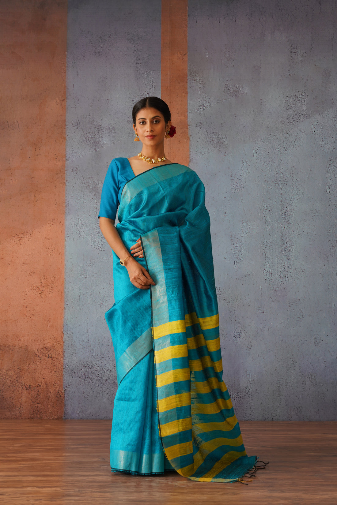 Raw Silk Sky Blue Sari with Yellow Stripes