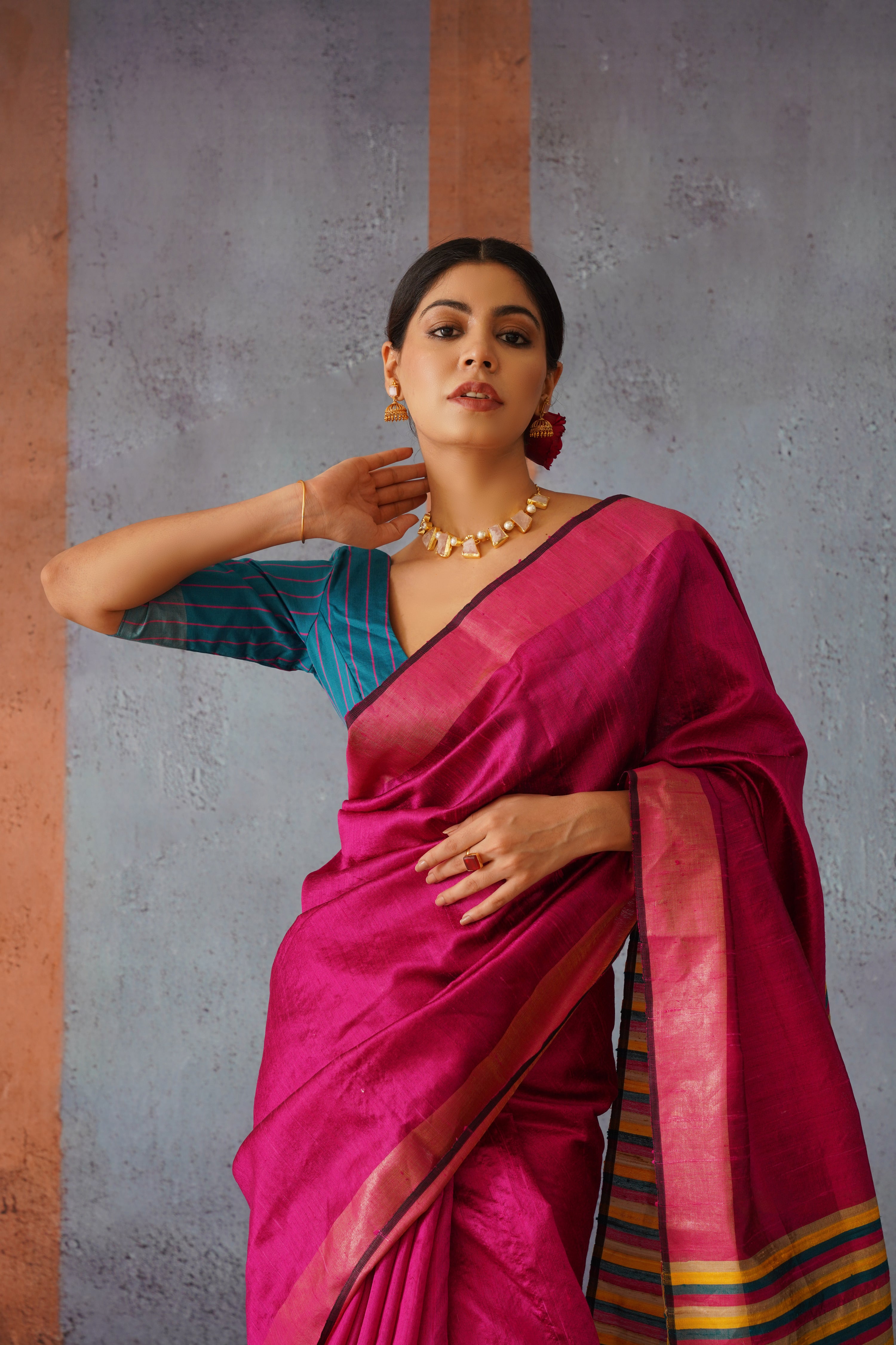 Buy Rani Pink Banarasi Saree In Pure Handloom Silk With Woven Floral Jaal  And Chevron Border Along With Unstitched Blouse Piece Online - Kalki Fashion