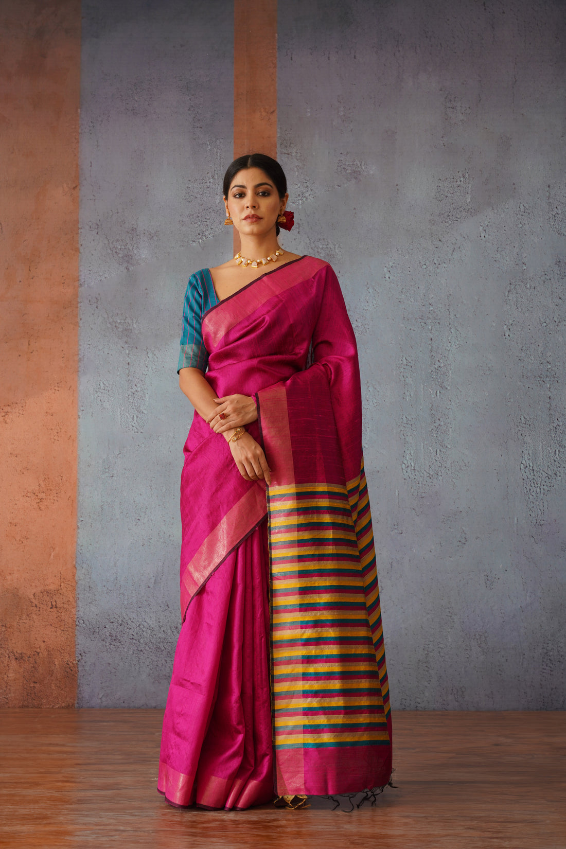 Raw Silk Rani Pink Sari with Multicolor Stripe Pallu