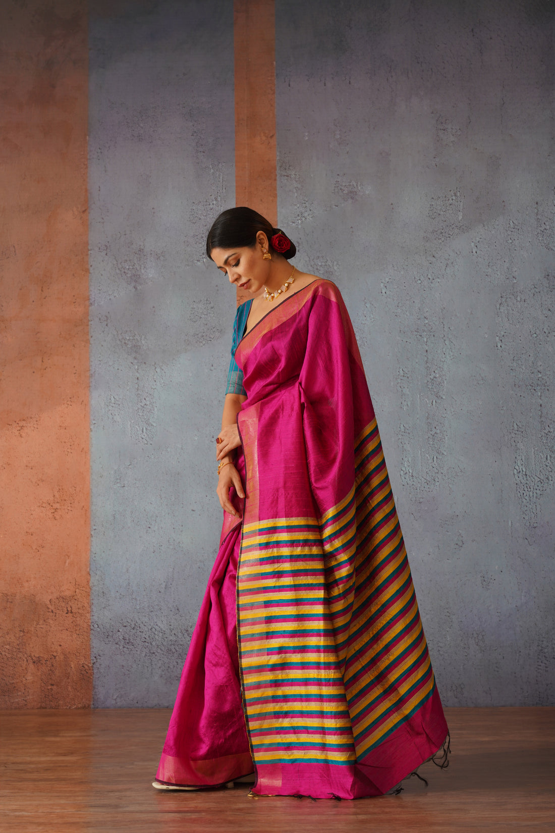 Raw Silk Rani Pink Sari with Multicolor Stripe Pallu