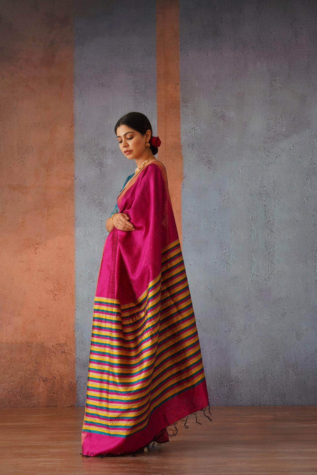 Raw Silk Rani Pink Sari with Multicolor Stripe Pallu