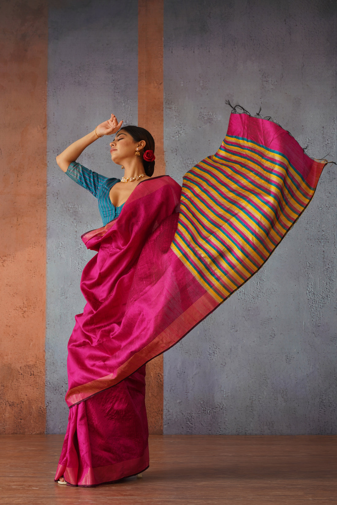 Raw Silk Rani Pink Sari with Multicolor Stripe Pallu