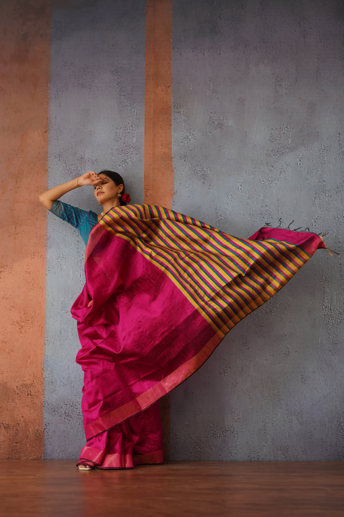 Raw Silk Rani Pink Sari with Multicolor Stripe Pallu