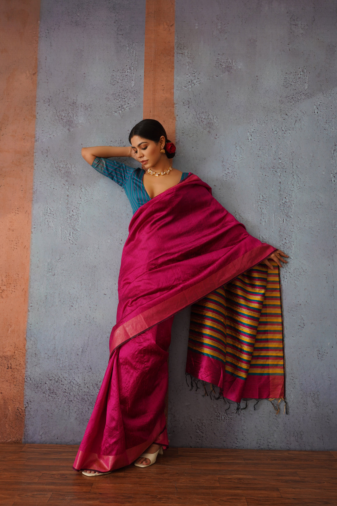 Raw Silk Rani Pink Sari with Multicolor Stripe Pallu