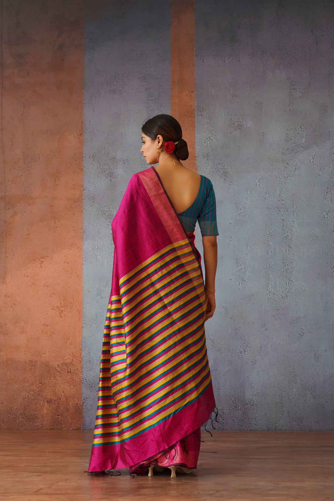 Raw Silk Rani Pink Sari with Multicolor Stripe Pallu