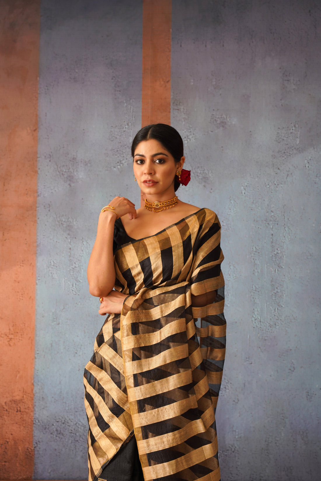 Raw Silk Beige & Black Classic Sari with Golden Stripe Pallu