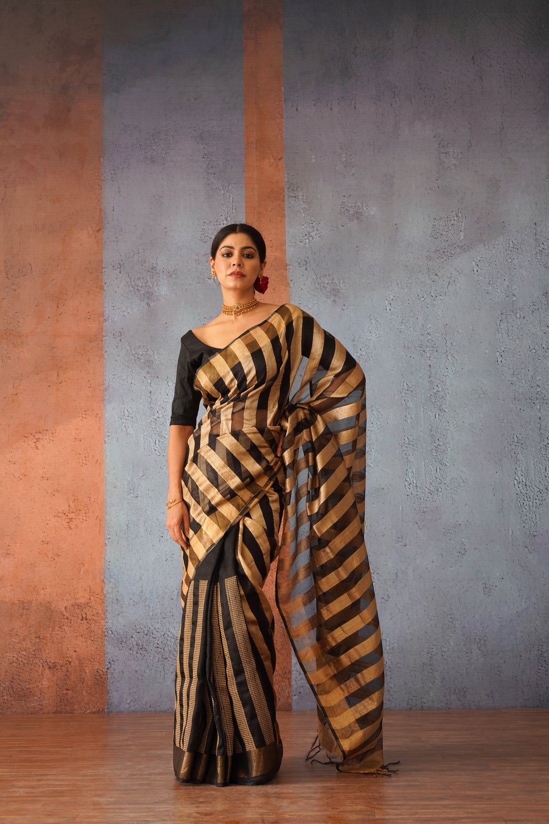 Raw Silk Beige & Black Classic Sari with Golden Stripe Pallu