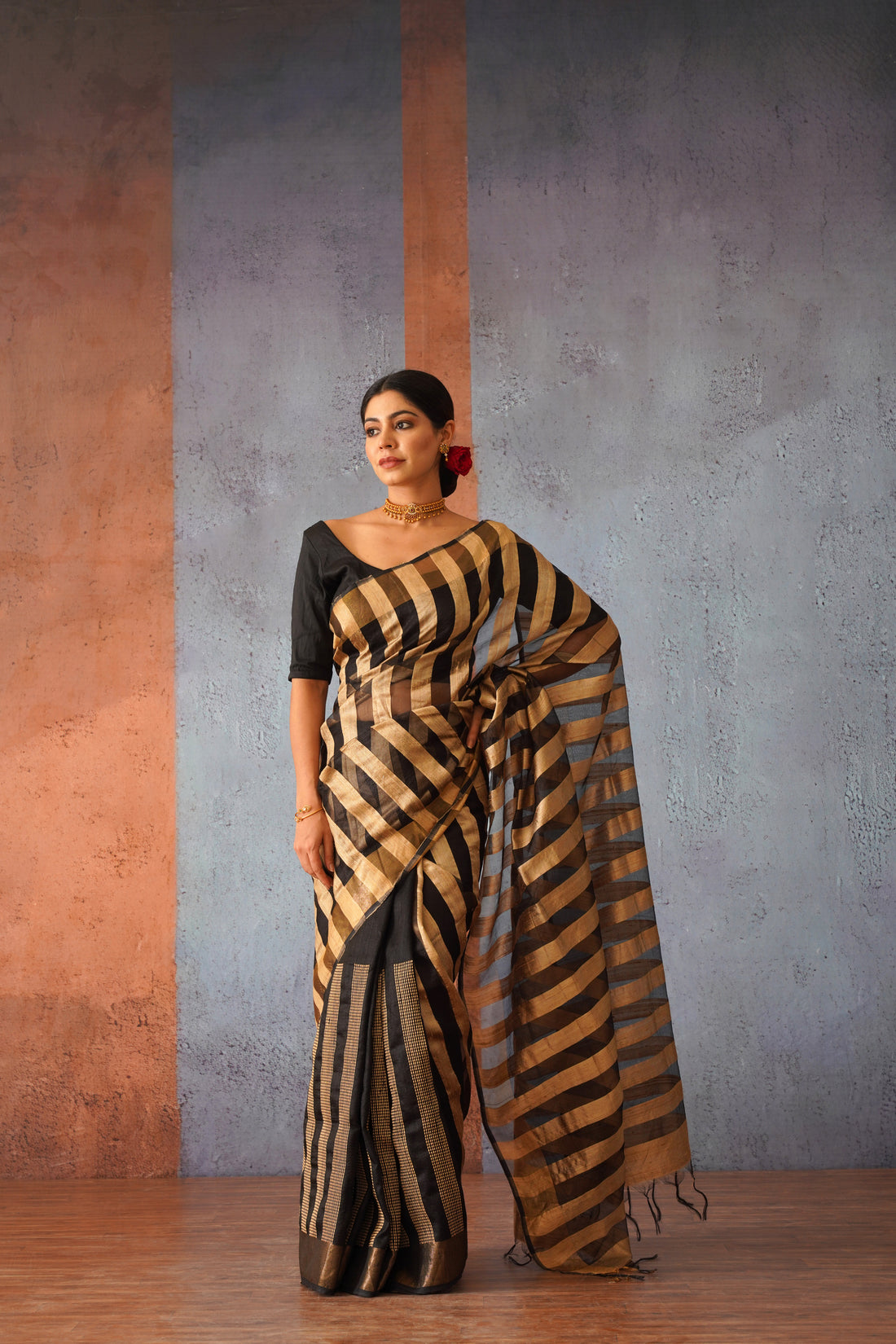 Raw Silk Beige & Black Classic Sari with Golden Stripe Pallu