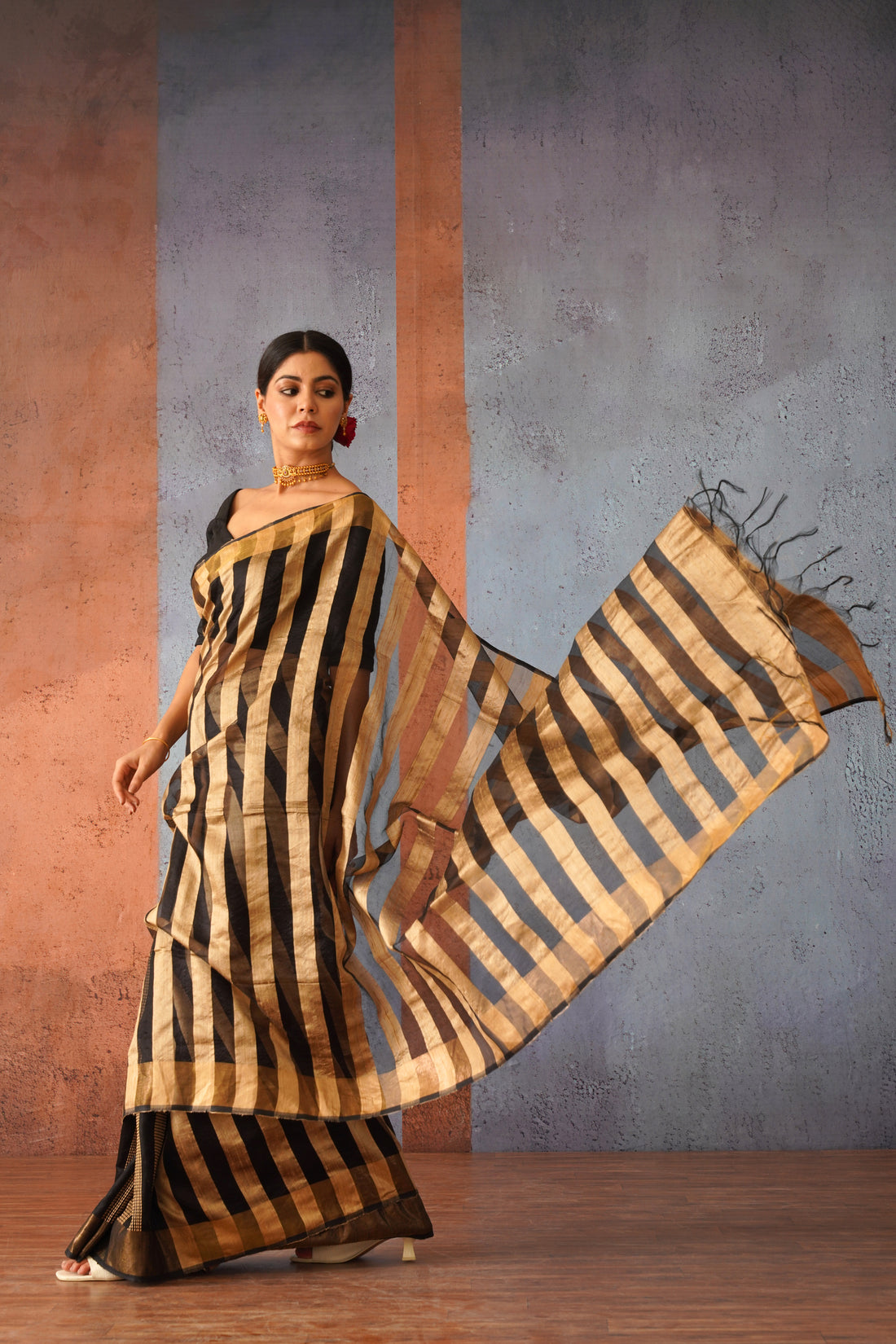 Raw Silk Beige & Black Classic Sari with Golden Stripe Pallu