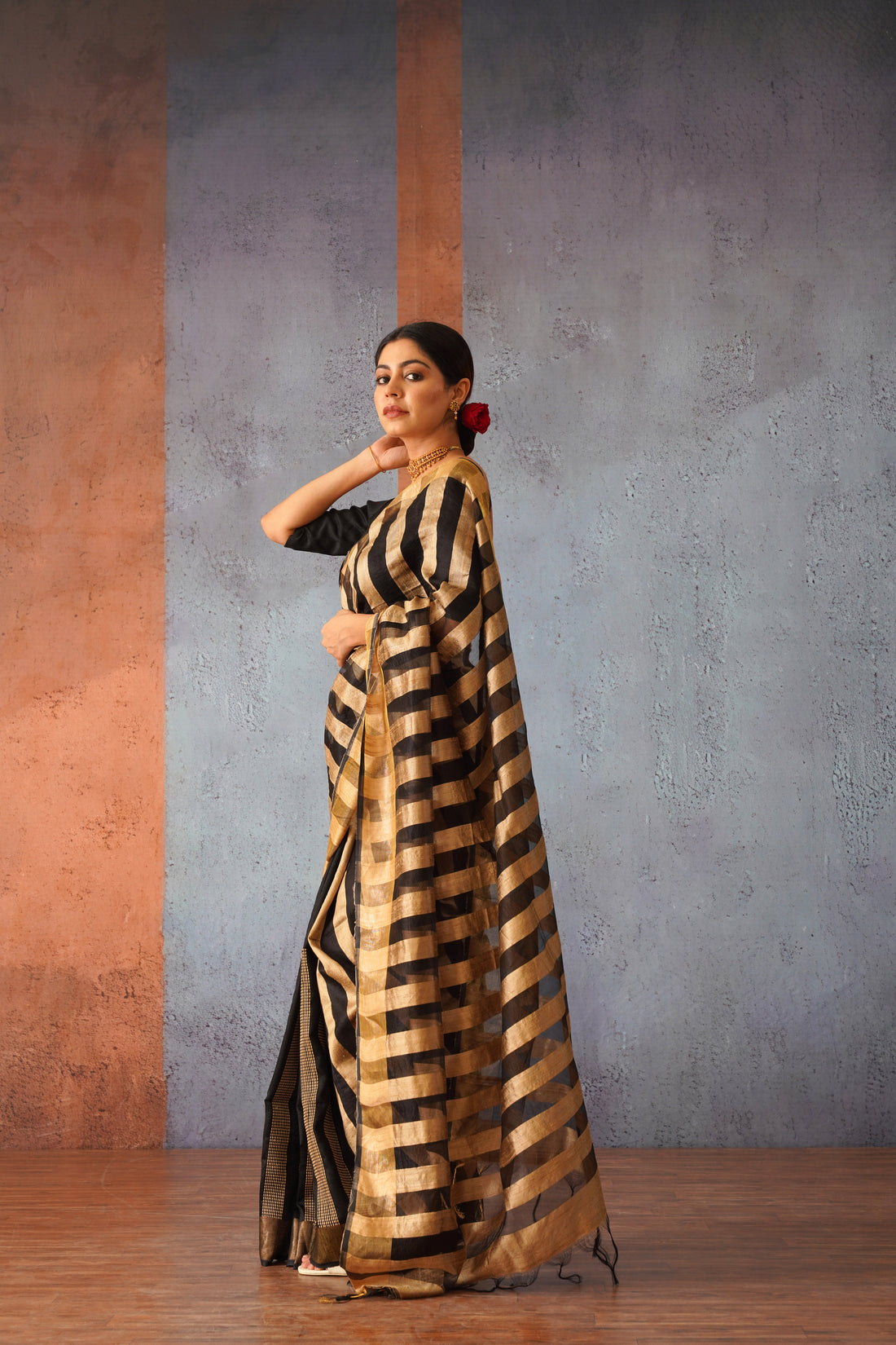 Raw Silk Beige & Black Classic Sari with Golden Stripe Pallu