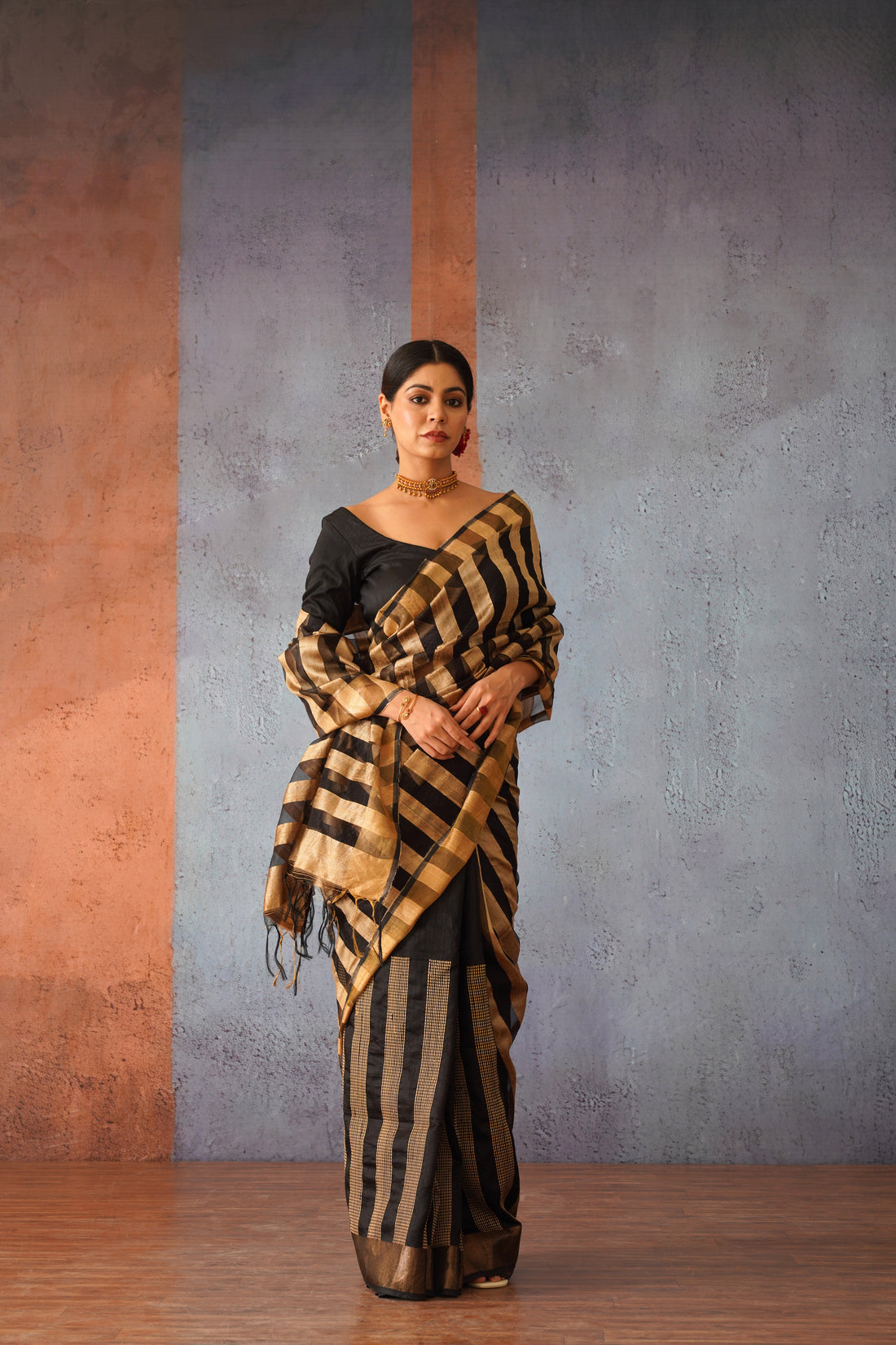 Raw Silk Beige & Black Classic Sari with Golden Stripe Pallu