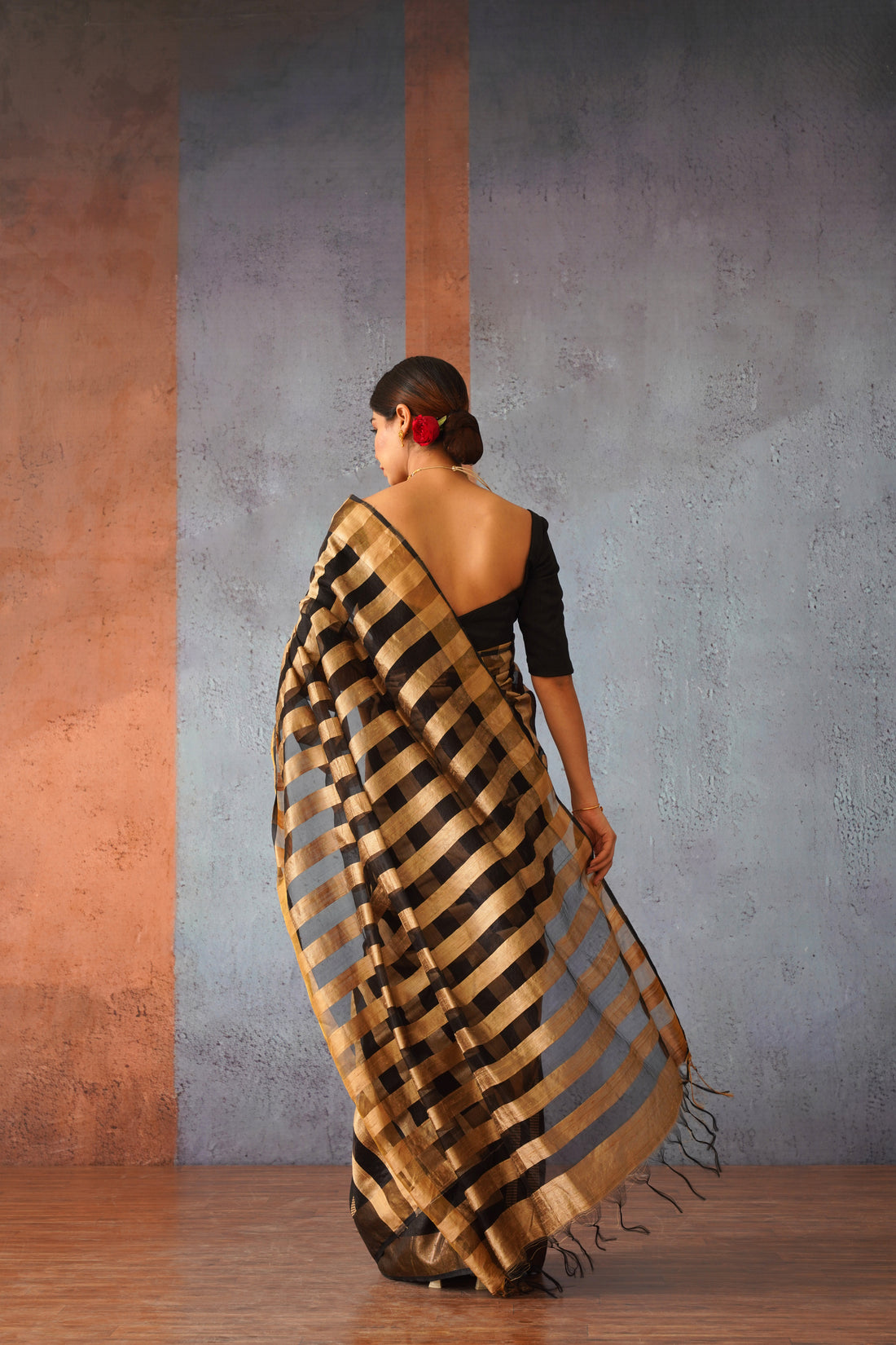 Raw Silk Beige & Black Classic Sari with Golden Stripe Pallu