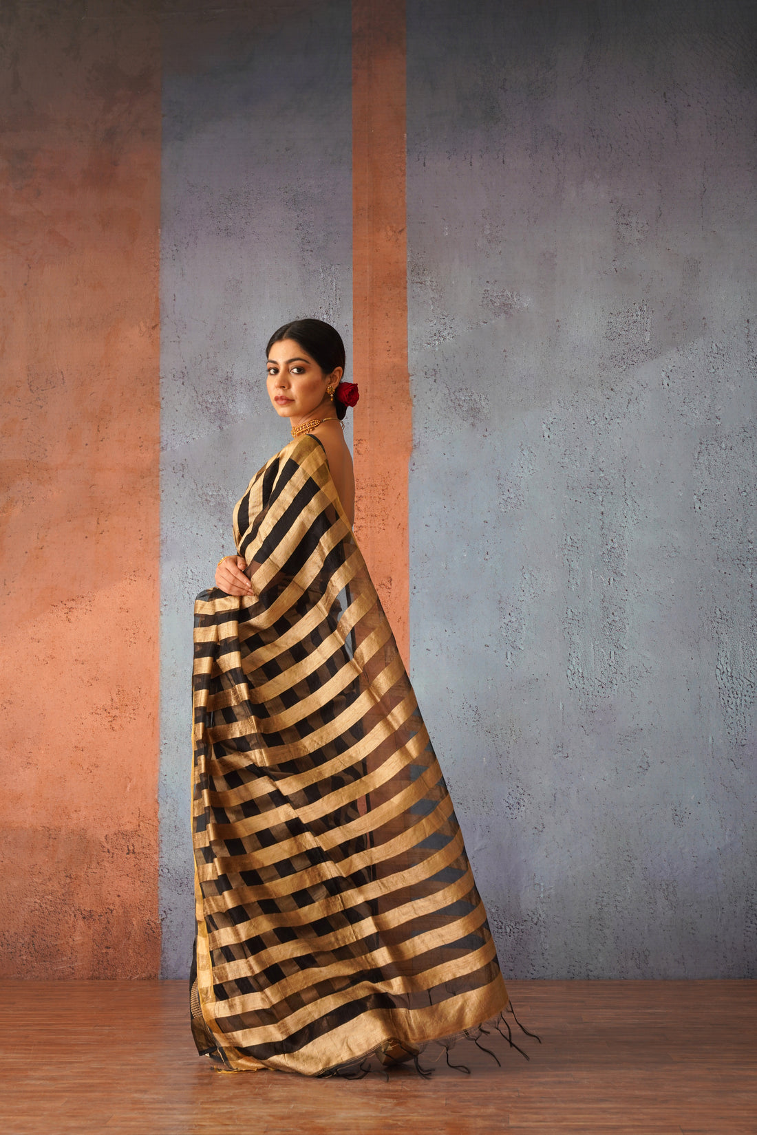 Raw Silk Beige & Black Classic Sari with Golden Stripe Pallu