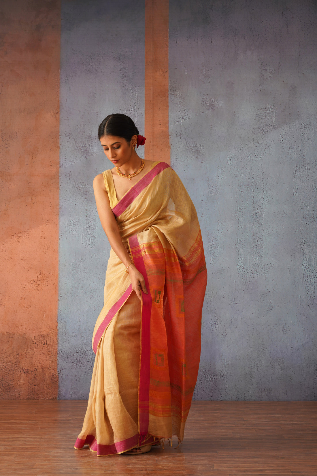 Beige & Pink Woven Linen Silk Sari with Striking Gold Zari