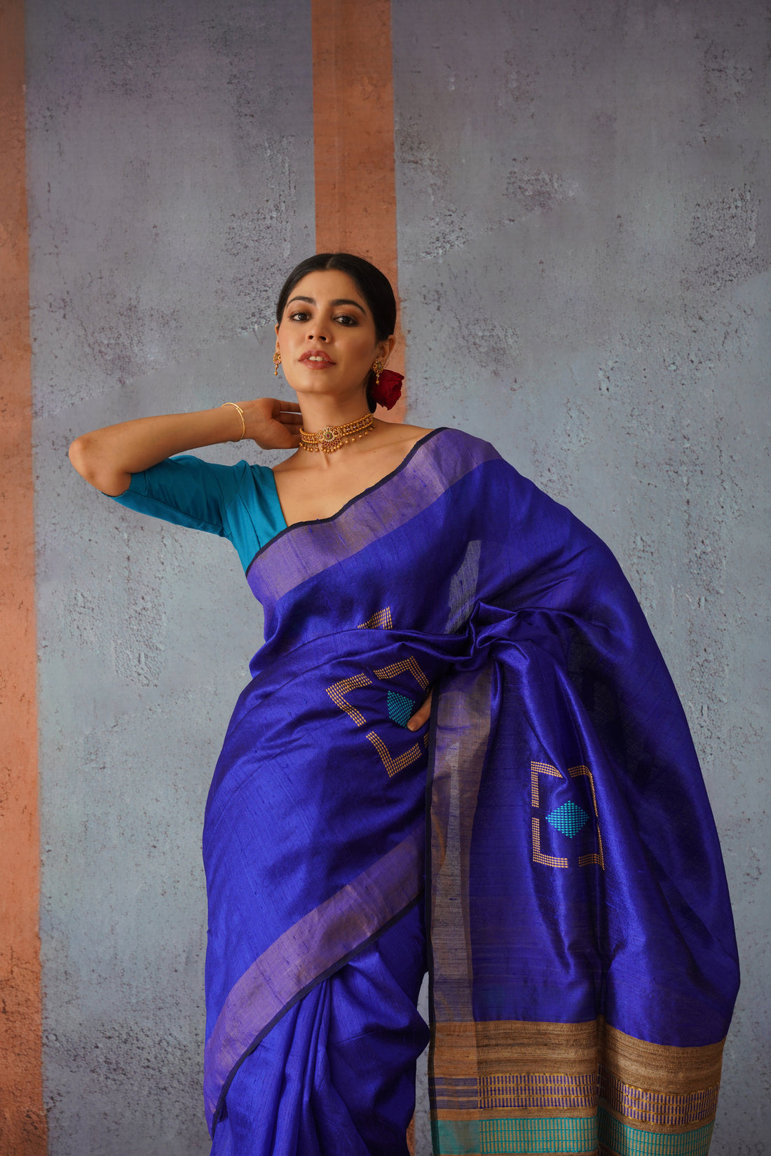 Royal Blue Raw Silk Sari with Gold Pallu