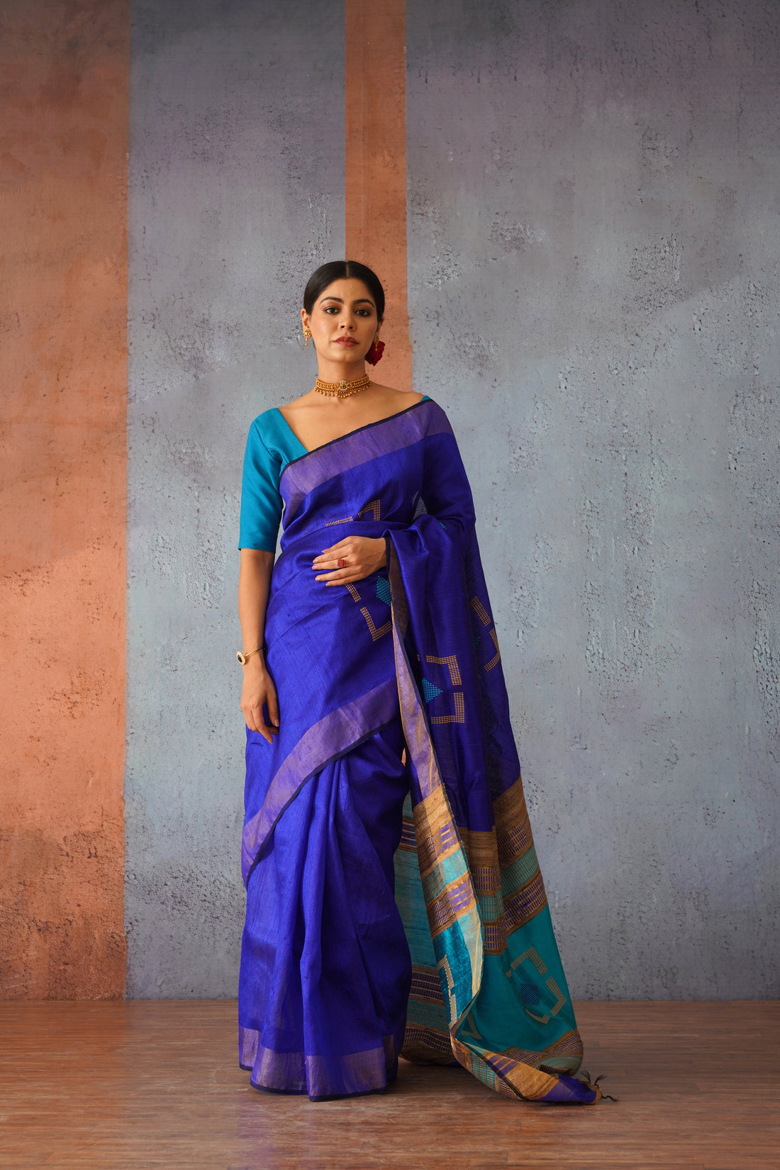 Royal Blue Raw Silk Sari with Gold Pallu