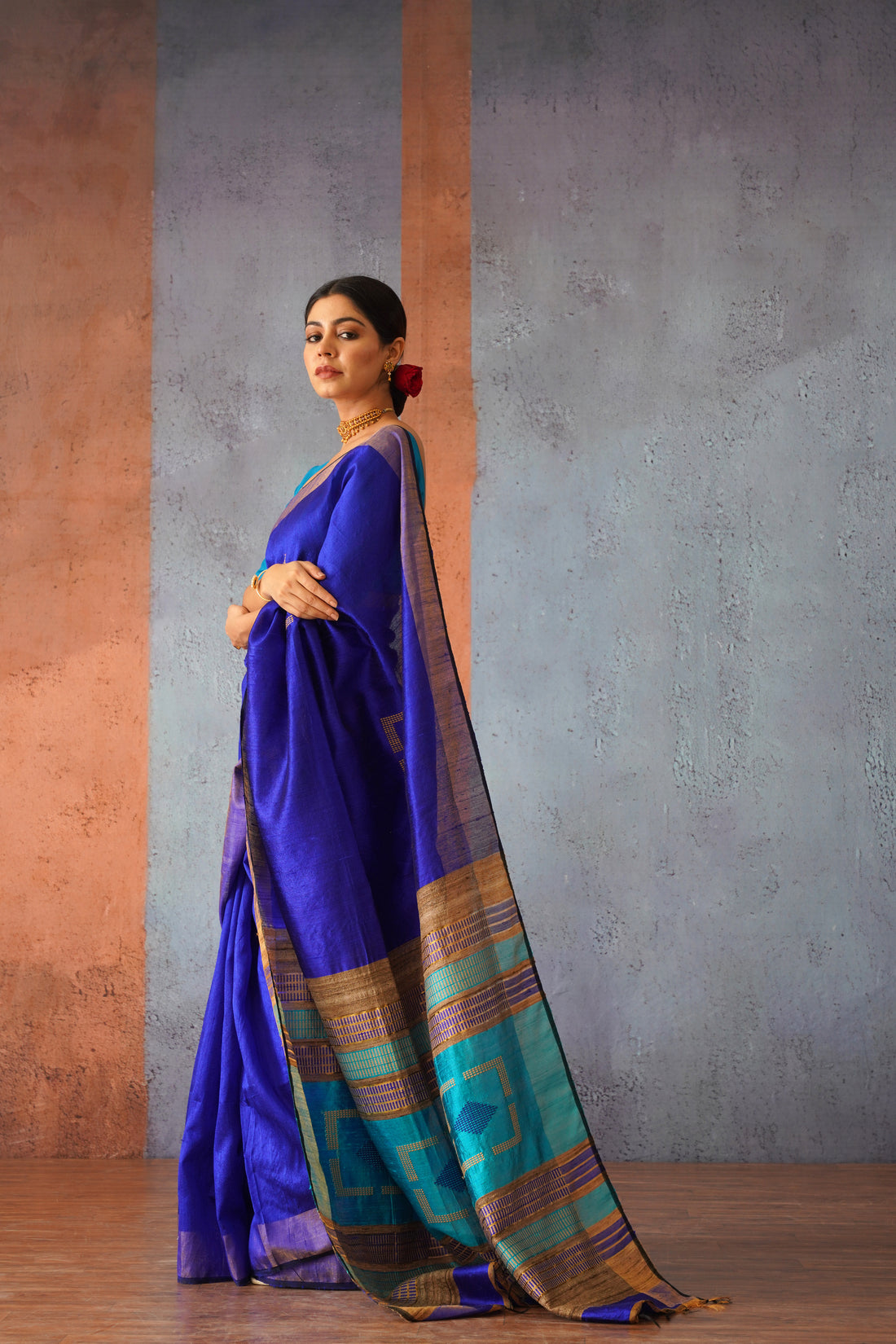 Royal Blue Raw Silk Sari with Gold Pallu