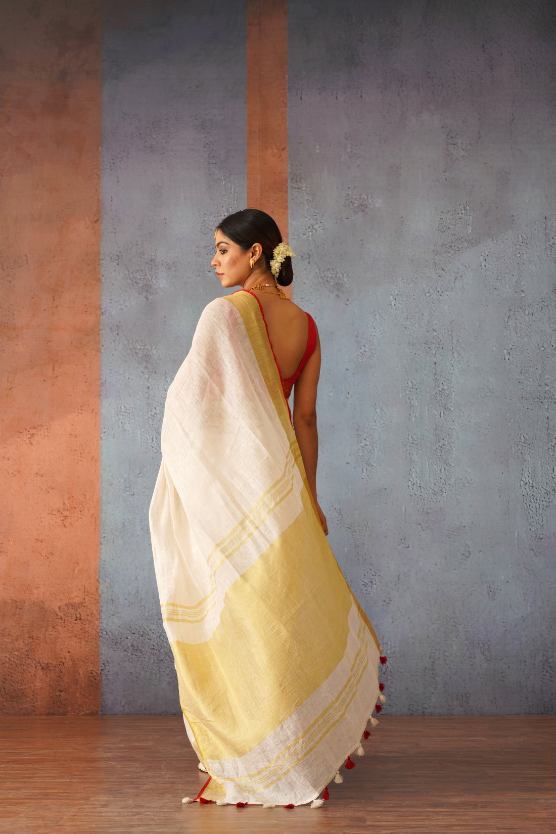 Festive Off White Handloom Linen Sari with Red Border & Gold Zari Pallu