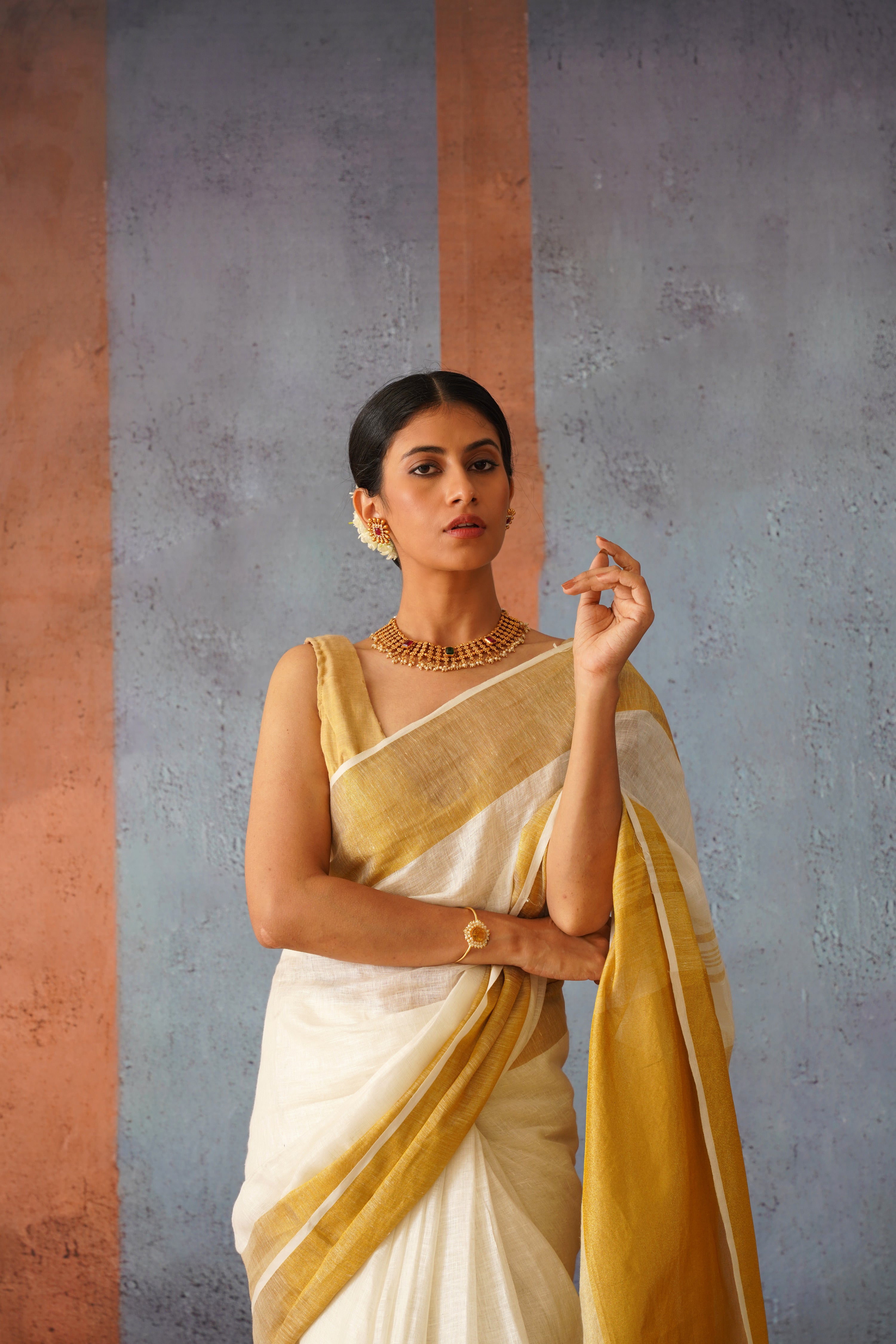 Off white and gold saree sale