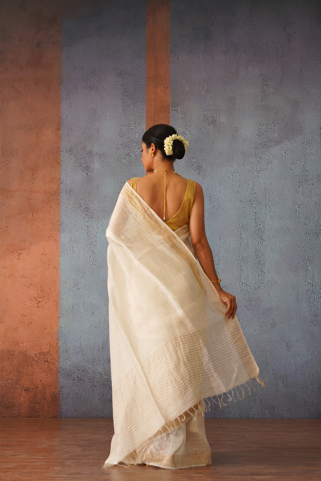 Off White Linen Silk Sari with Gold Zari pallu