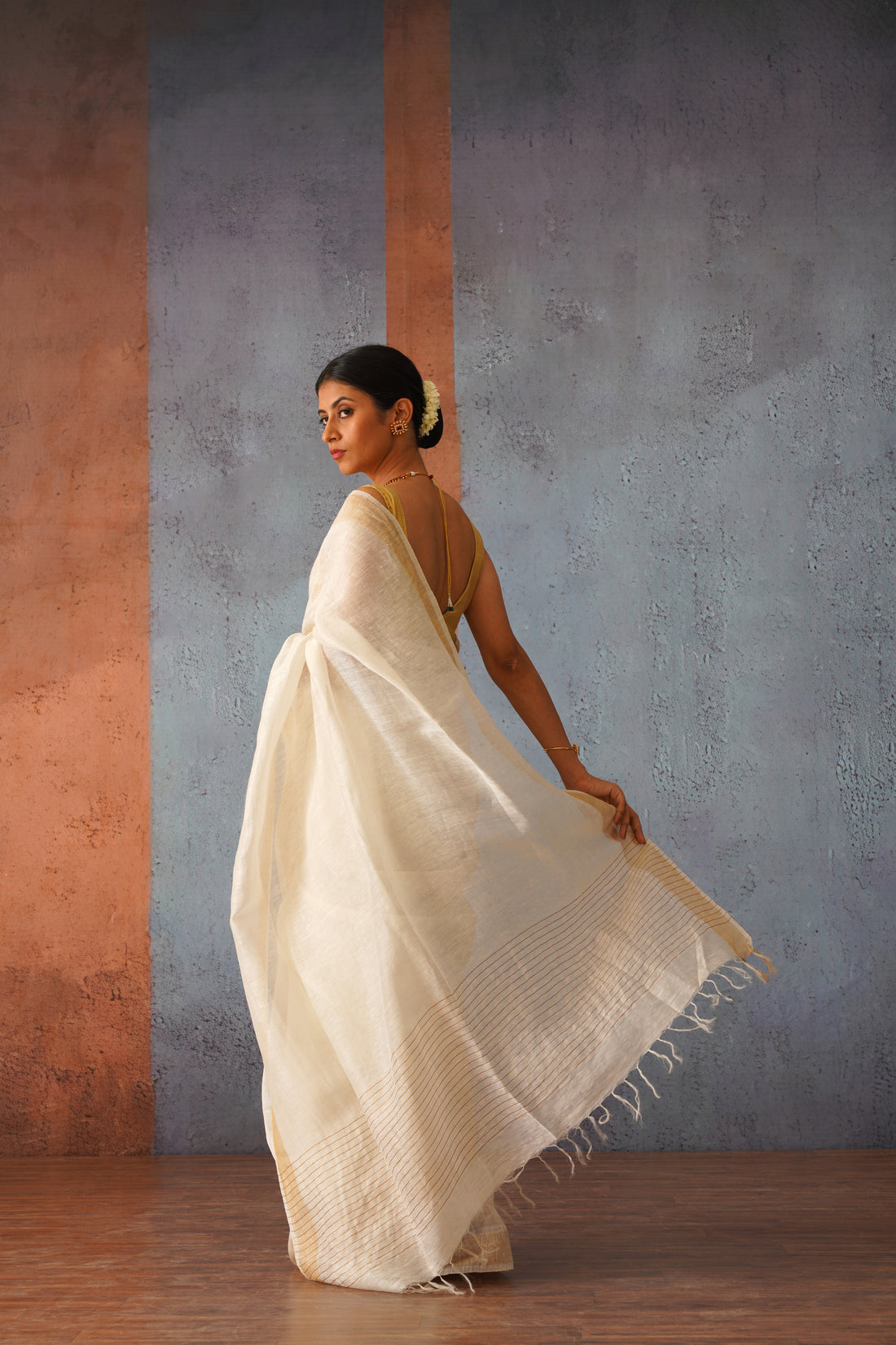 Off White Linen Silk Sari with Gold Zari pallu