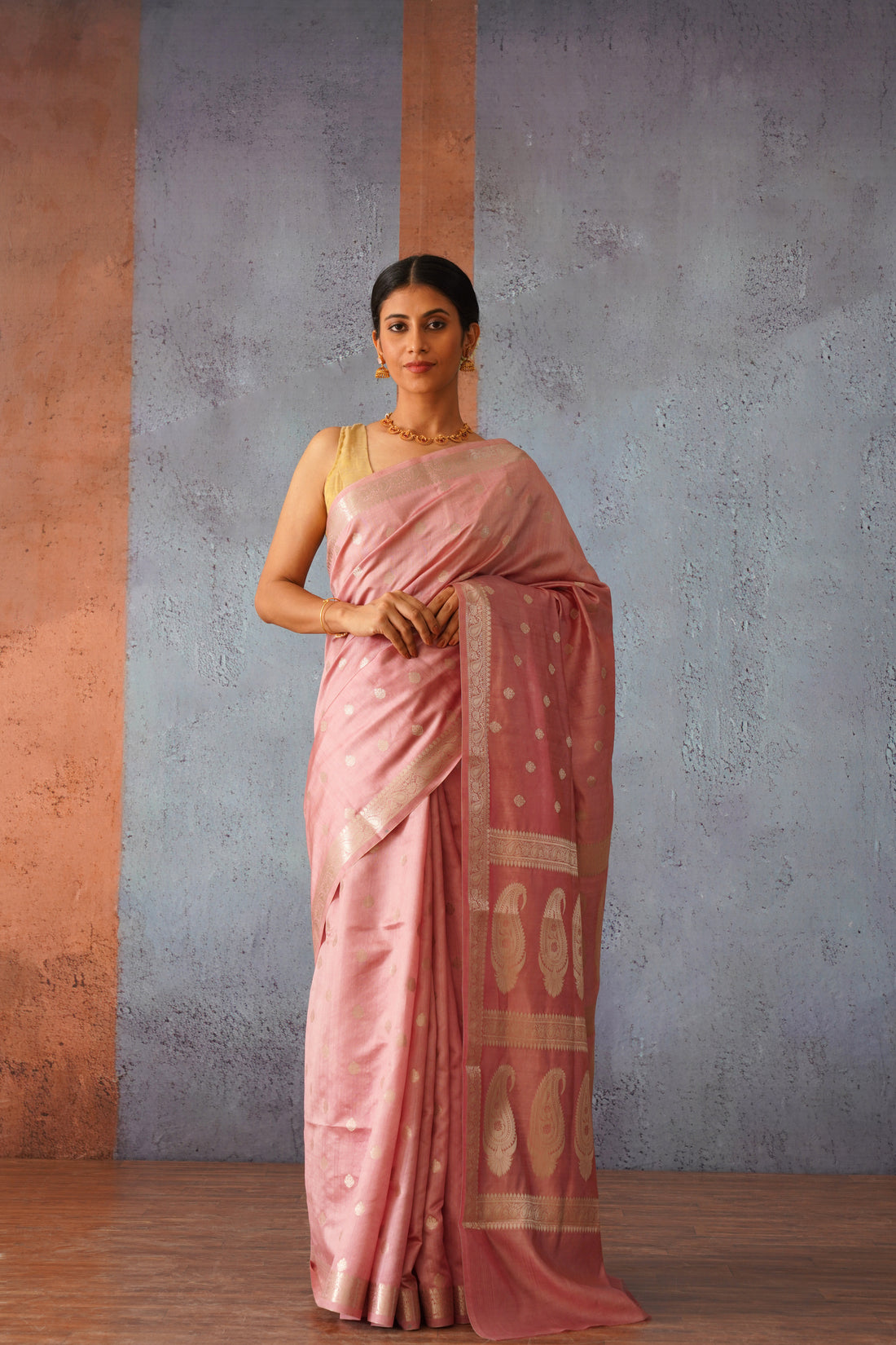 Devi Pink Banarsi Chiniya Silk Sari with Gold Butis