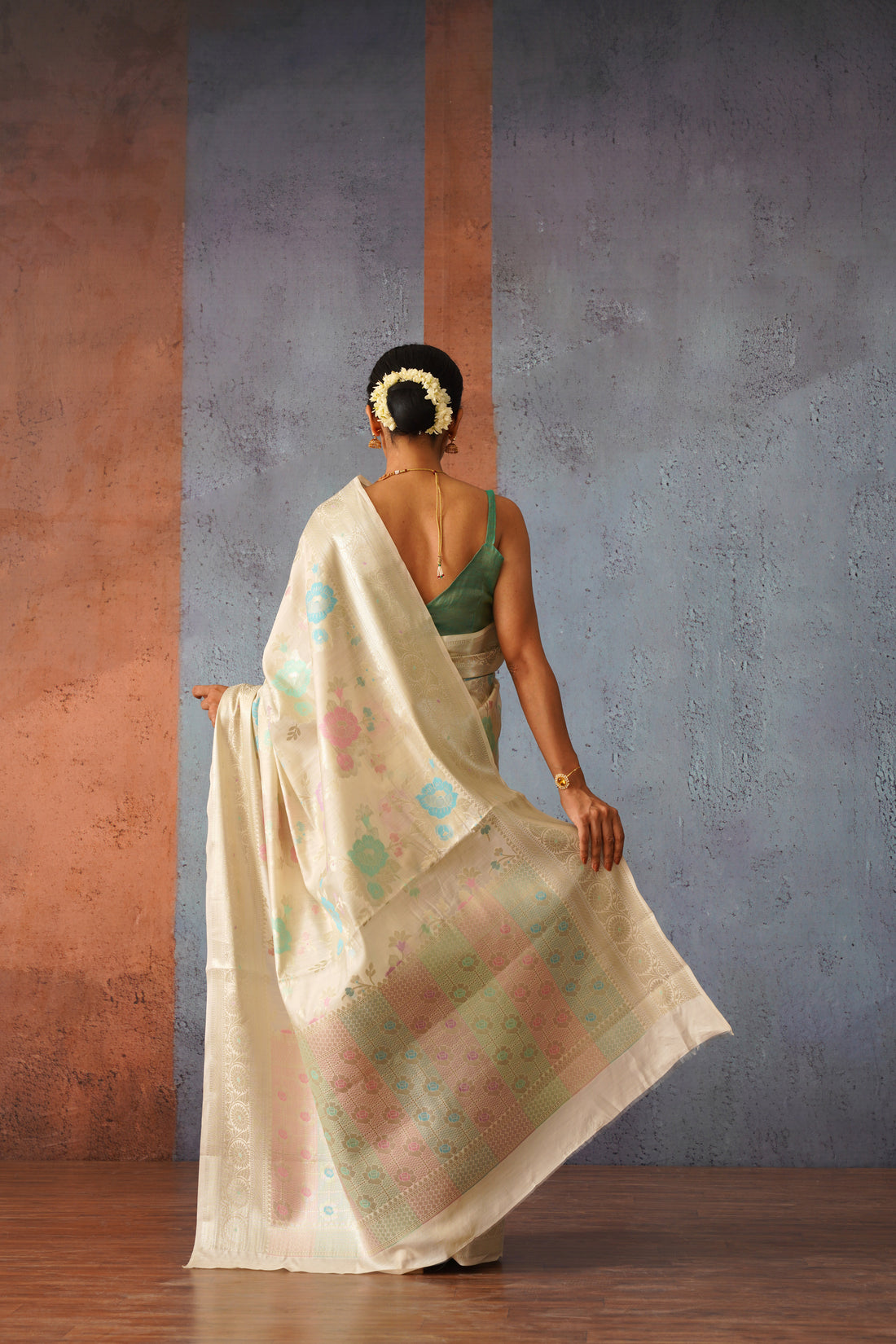 Mallika Off White Banarsi Chiniya Silk Sari with multi coloured weaving