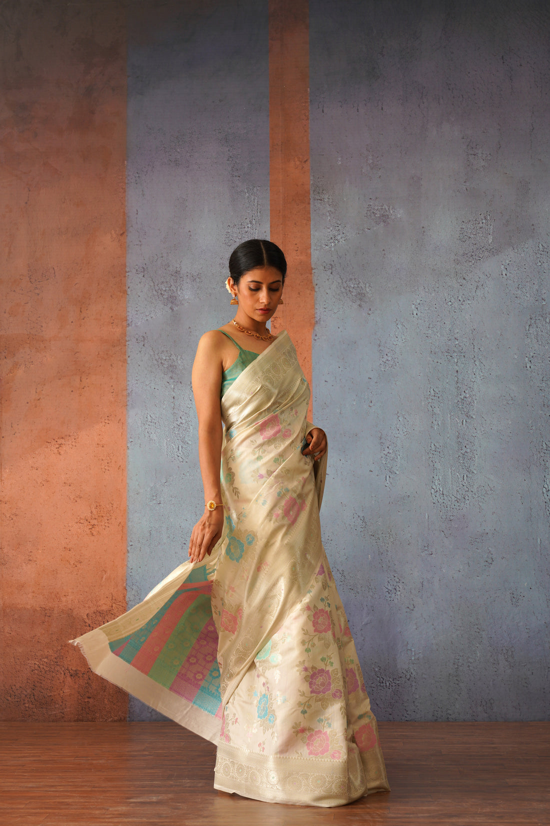 Mallika Off White Banarsi Chiniya Silk Sari with multi coloured weaving