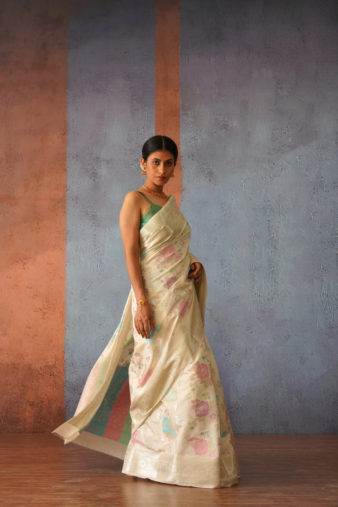 Mallika Off White Banarsi Chiniya Silk Sari with multi coloured weaving