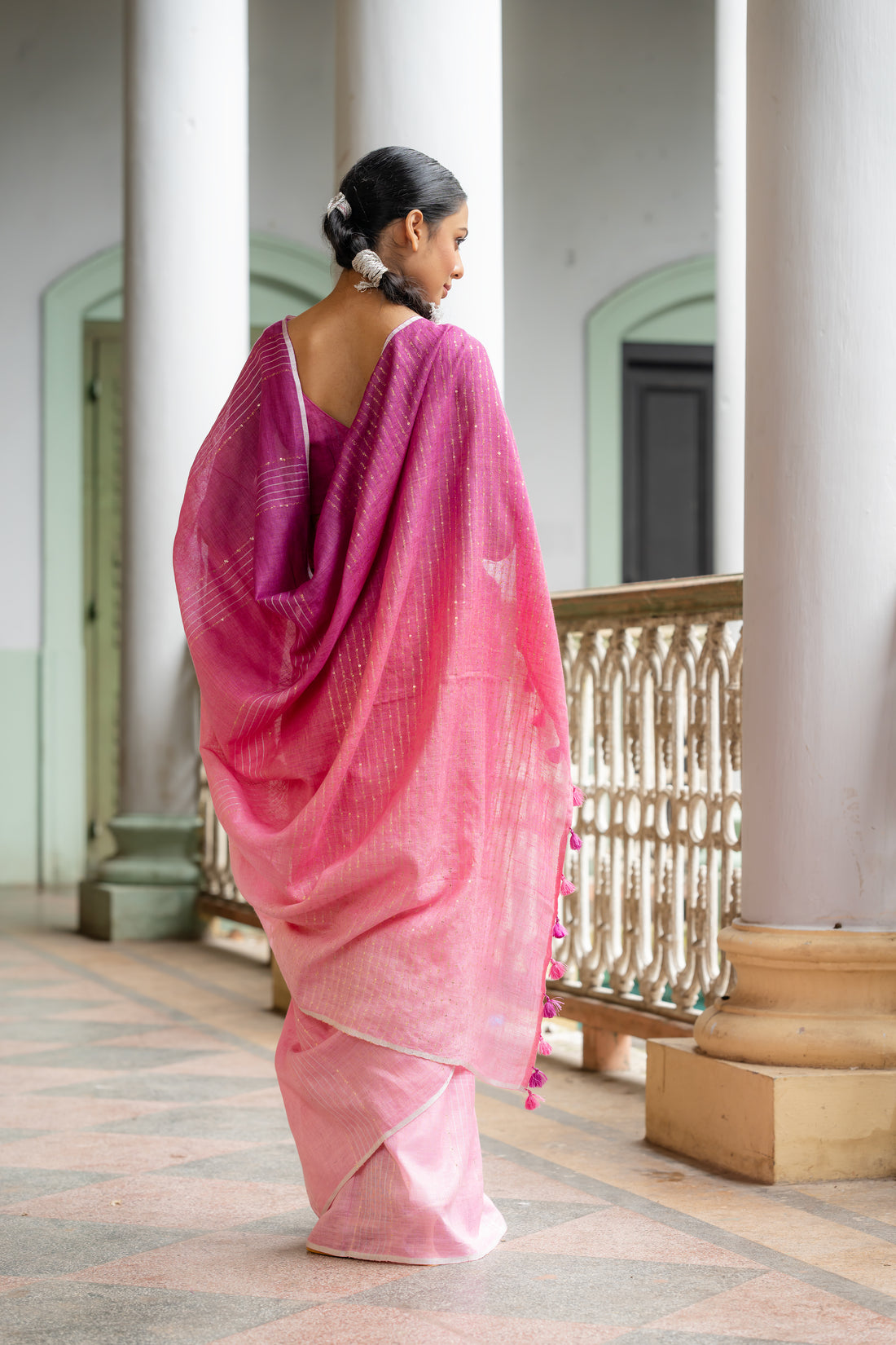 Pink Empress Ombre Linen Sari