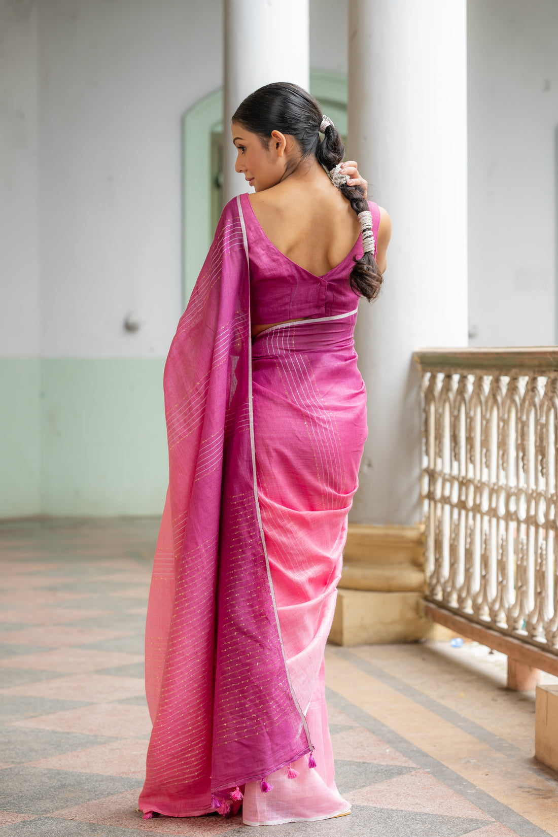 Pink Empress Ombre Linen Sari