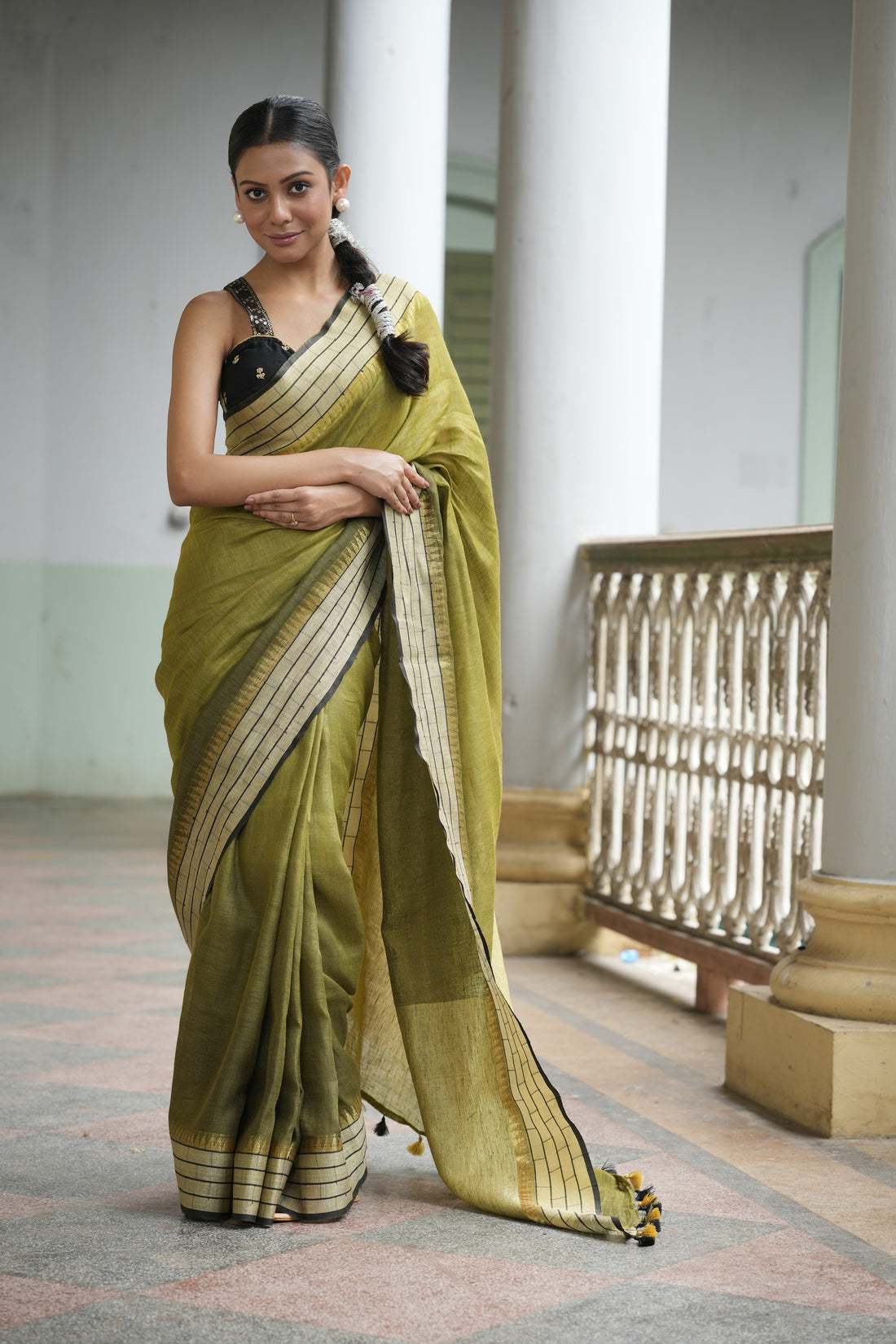 Molten Olive Gold Linen Sari