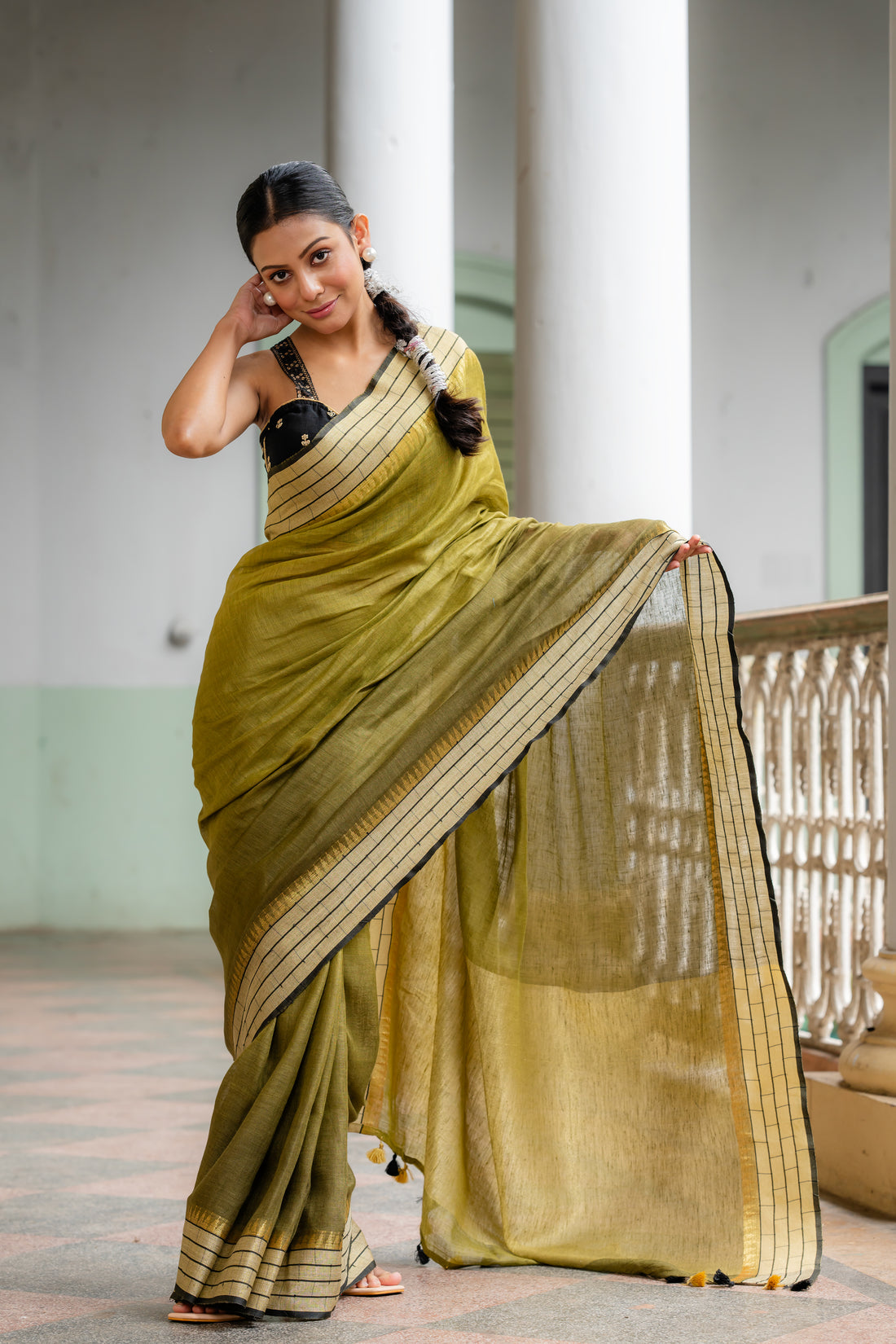 Molten Olive Gold Linen Sari