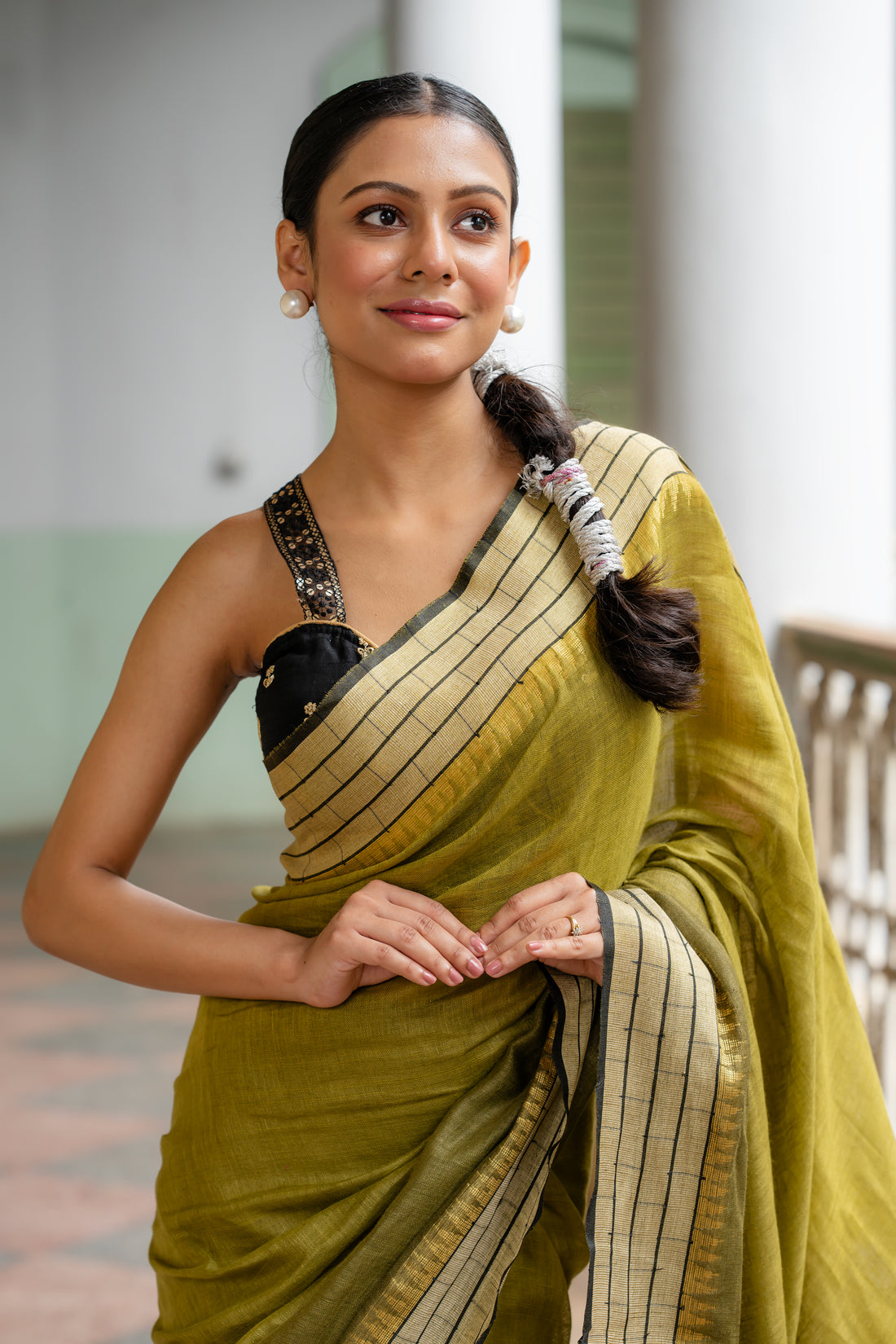 Molten Olive Gold Linen Sari