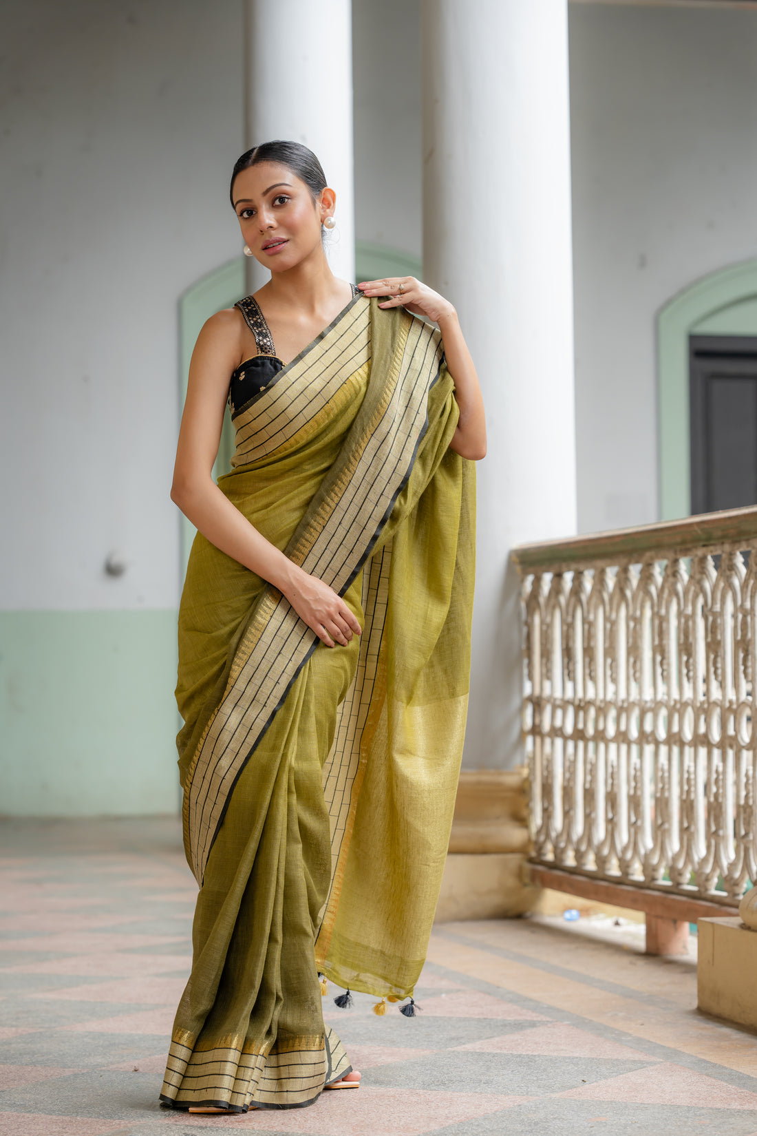 Molten Olive Gold Linen Sari