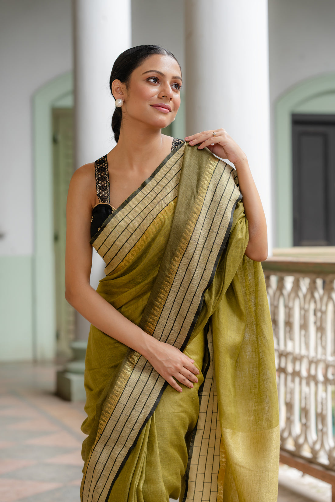 Molten Olive Gold Linen Sari