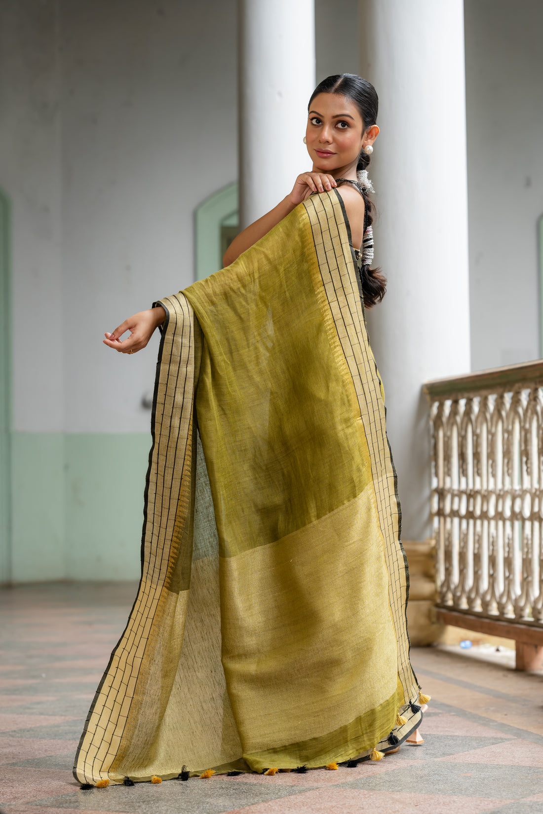 Molten Olive Gold Linen Sari