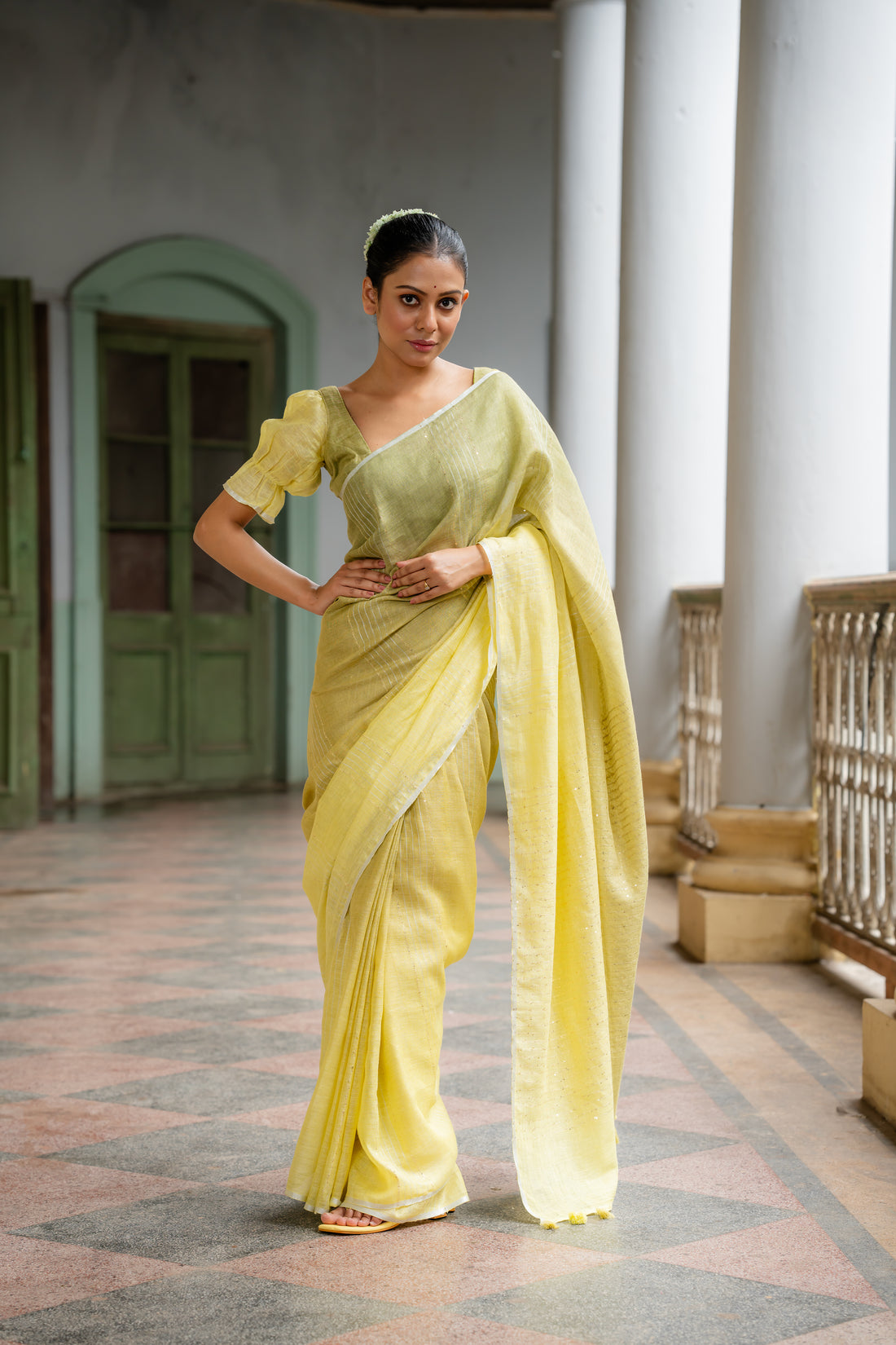 Citrus Charm Olive Ombre Linen Sari