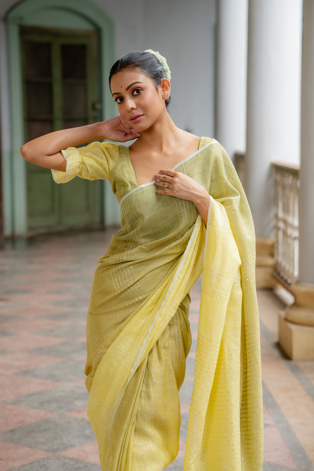 Citrus Charm Olive Ombre Linen Sari