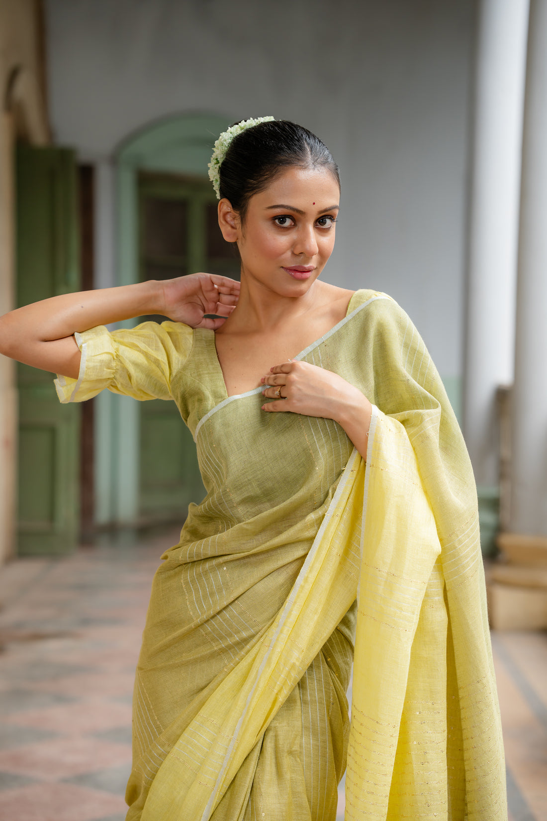 Citrus Charm Olive Ombre Linen Sari