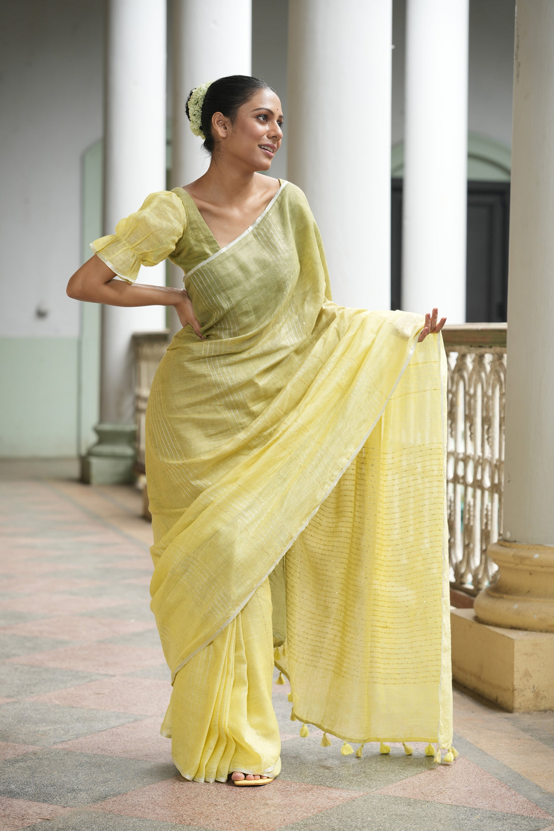 Citrus Charm Olive Ombre Linen Sari