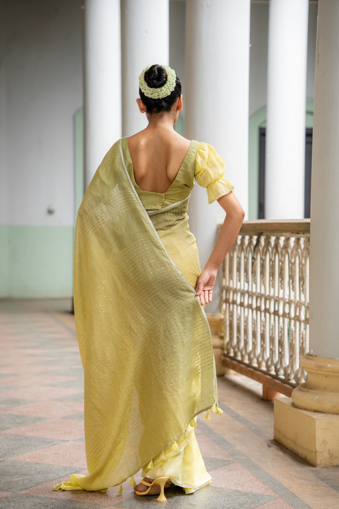 Citrus Charm Olive Ombre Linen Sari